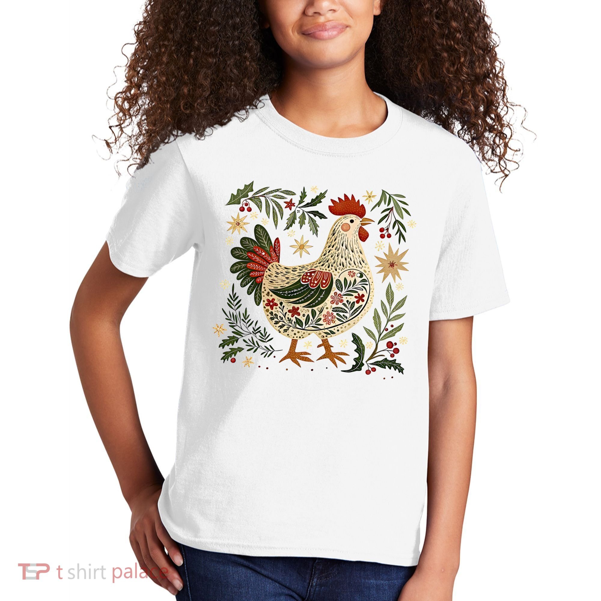 Christmas Chicken Western Floral Kids T-Shirt