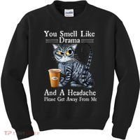 Coffee Cat You Smell Like Drama And A Headache Funny Kids Sweatshirt thumb 0