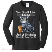 Coffee Cat You Smell Like Drama And A Headache Funny Kids Long Sleeve Shirt thumb 0