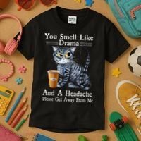 Coffee Cat You Smell Like Drama And A Headache Funny Kids T-Shirt thumb 3