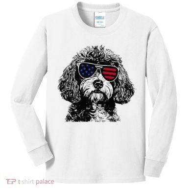 Cavapoo Dog 4th July America Usa Flag Kids Long Sleeve Shirt