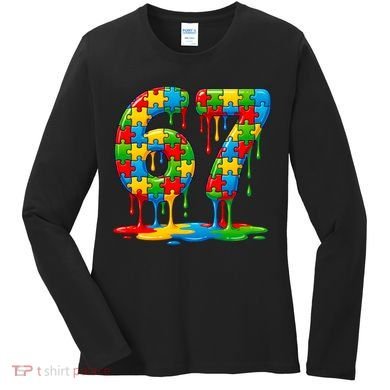 Colorful Drip 67 Puzzle Autism 6-7 Meme Women's Long Sleeve Shirt
