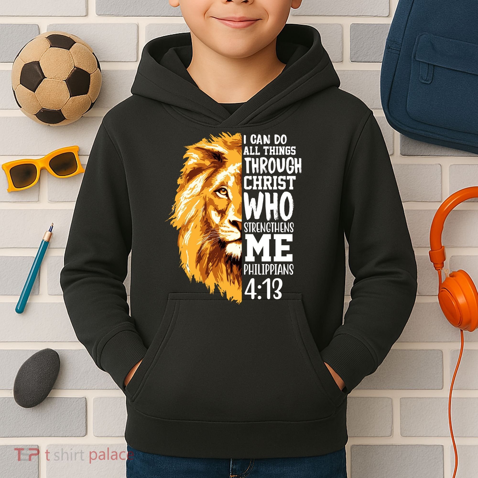 Can Do All Things Through Christ Bible Quote Lion Kids Hoodie