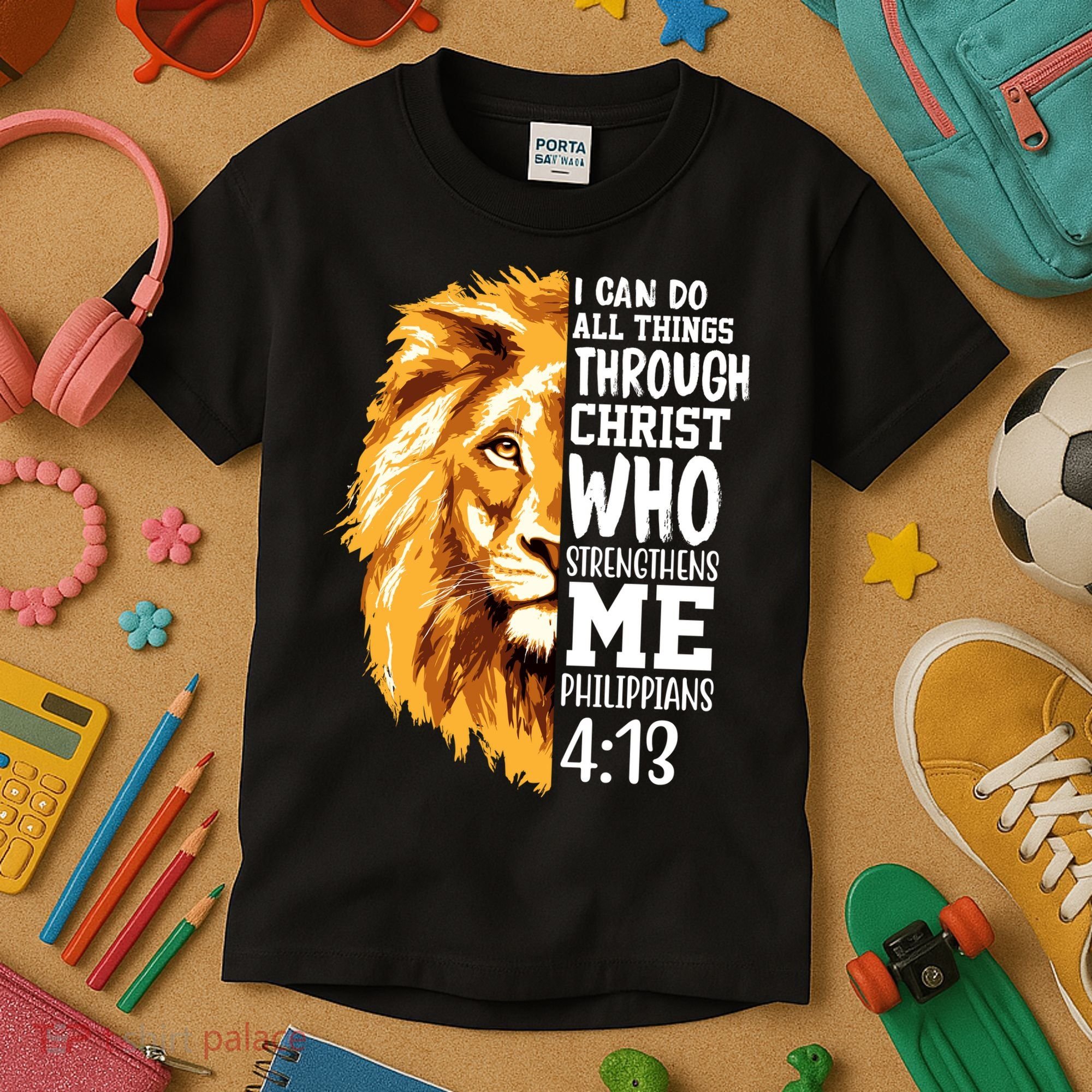 Can Do All Things Through Christ Bible Quote Lion Kids T-Shirt