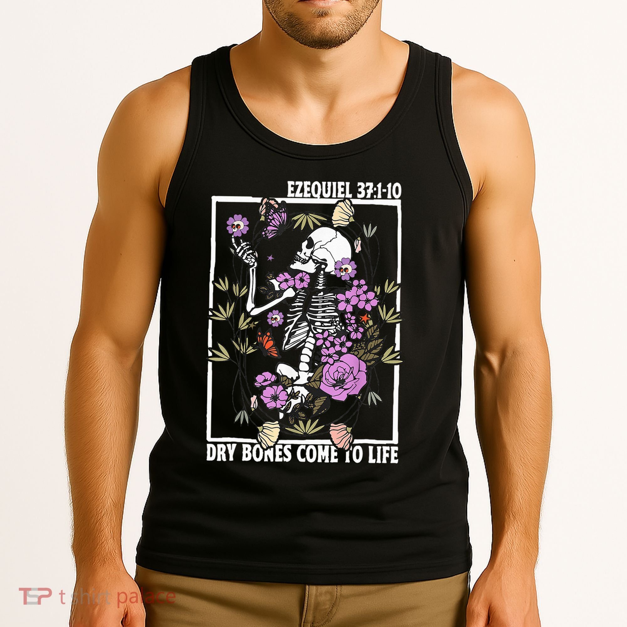 Christian Dry Bones Come To Life Floral Skeleton Tank Top