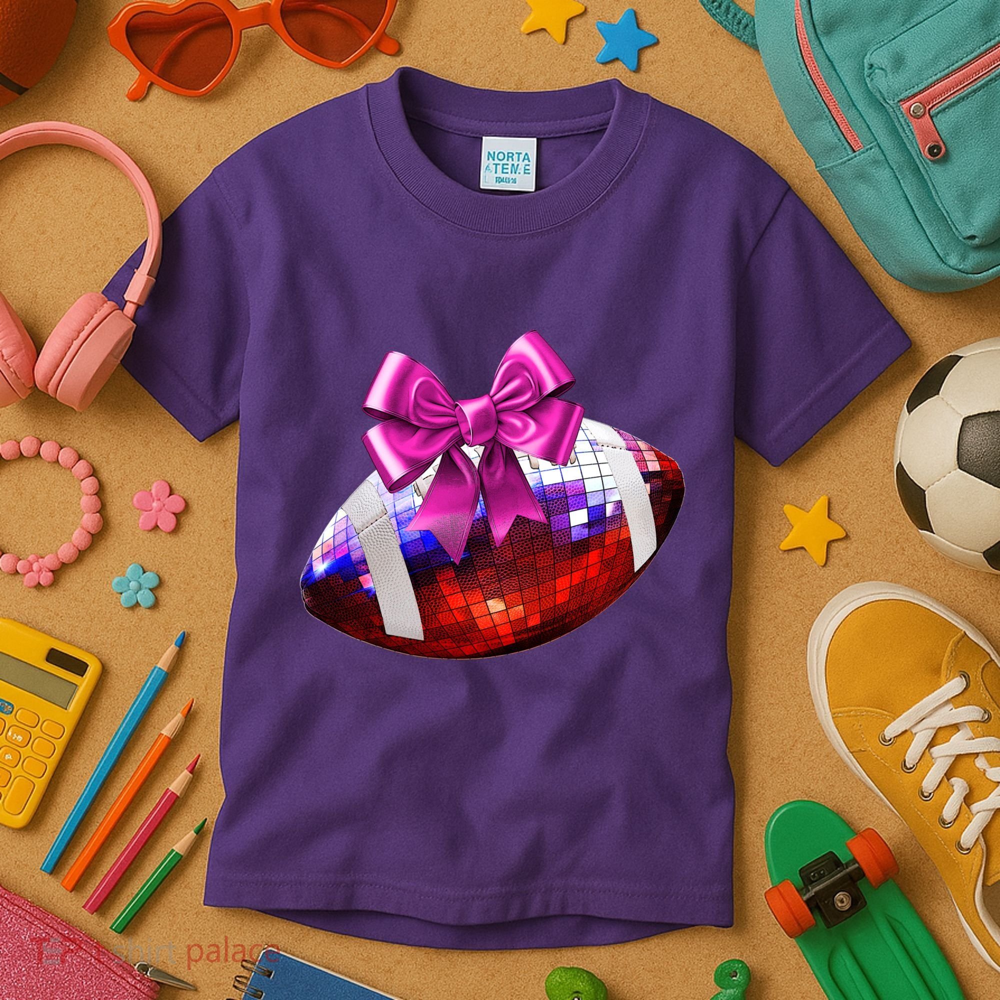 Cute Disco Ball Football Coquette Ribbon Style Kids T-Shirt