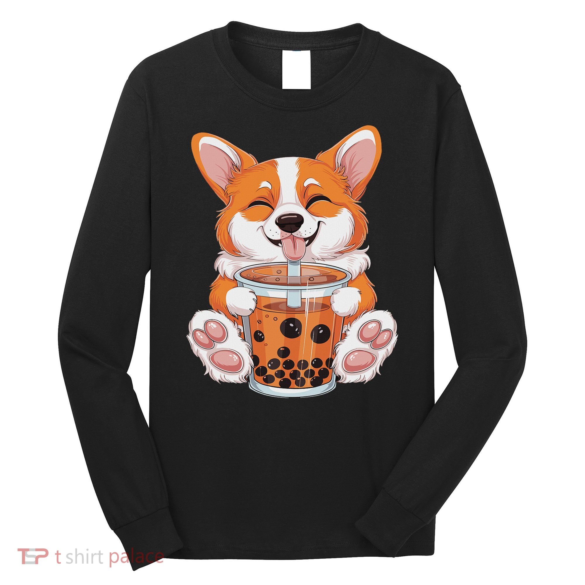 Corgi Dog Bubble Boba Tea Anime Cute Kawaii Corgi Dog Long Sleeve Shirt
