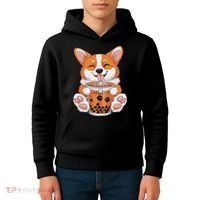 Corgi Dog Bubble Boba Tea Anime Cute Kawaii Corgi Dog Kids Hoodie thumb 4