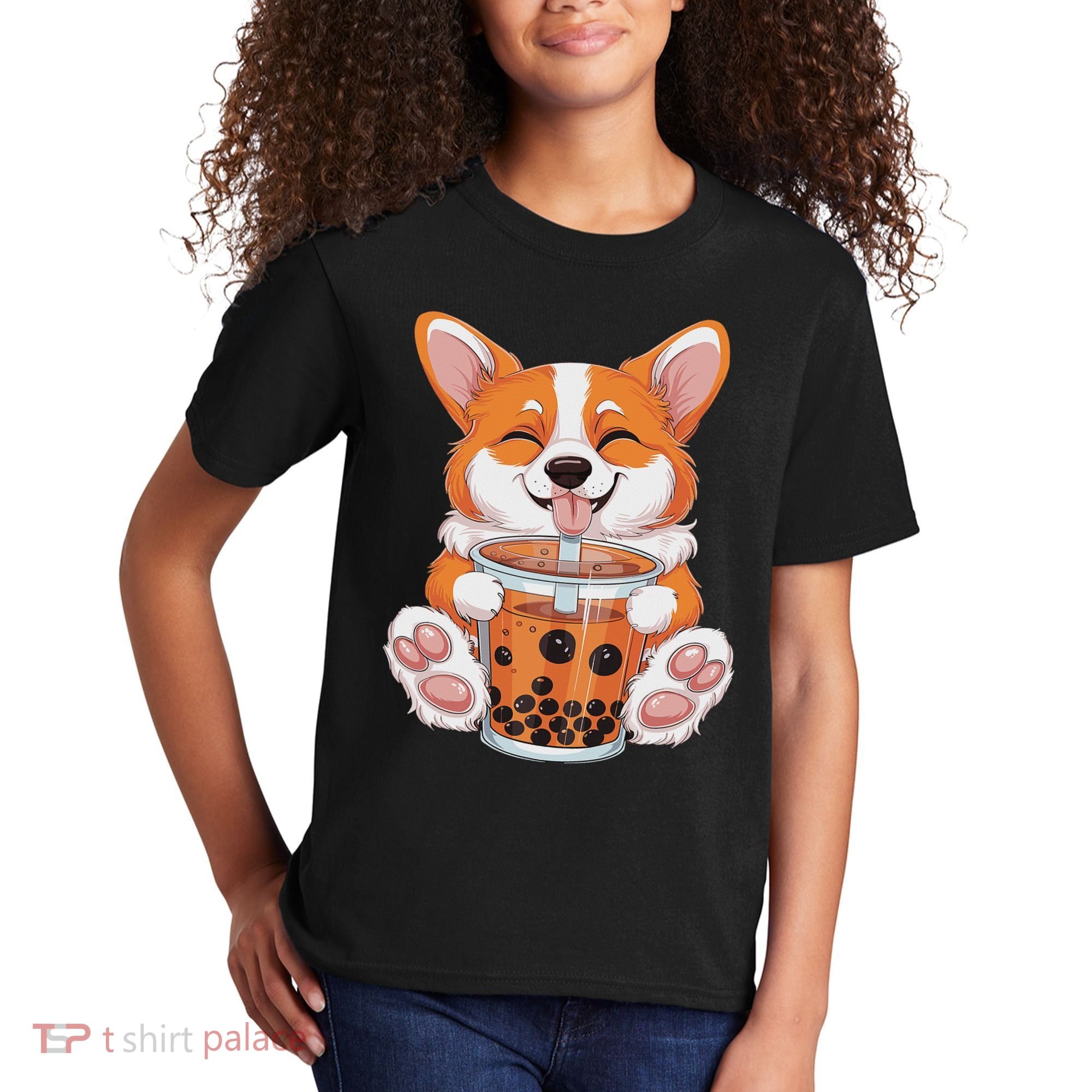 Corgi Dog Bubble Boba Tea Anime Cute Kawaii Corgi Dog Kids T-Shirt