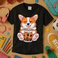 Corgi Dog Bubble Boba Tea Anime Cute Kawaii Corgi Dog Kids T-Shirt thumb 3