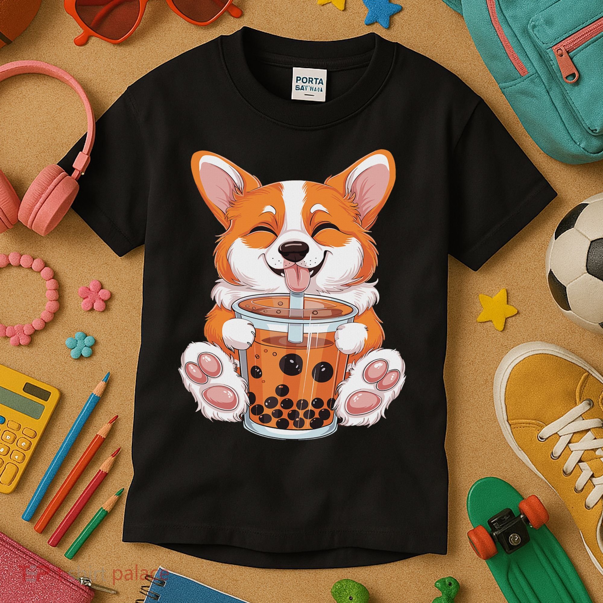 Corgi Dog Bubble Boba Tea Anime Cute Kawaii Corgi Dog Kids T-Shirt