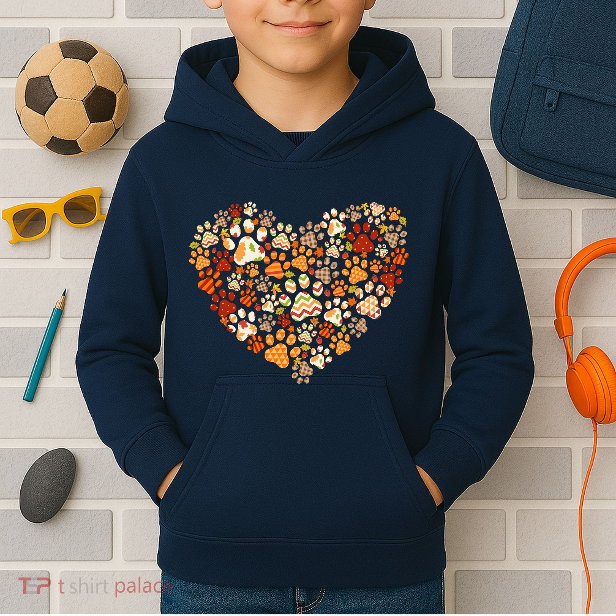 Cute Dog Cat Paw Print Pumpkin Autumn Leaf Fall Thanksgiving Kids Hoodie