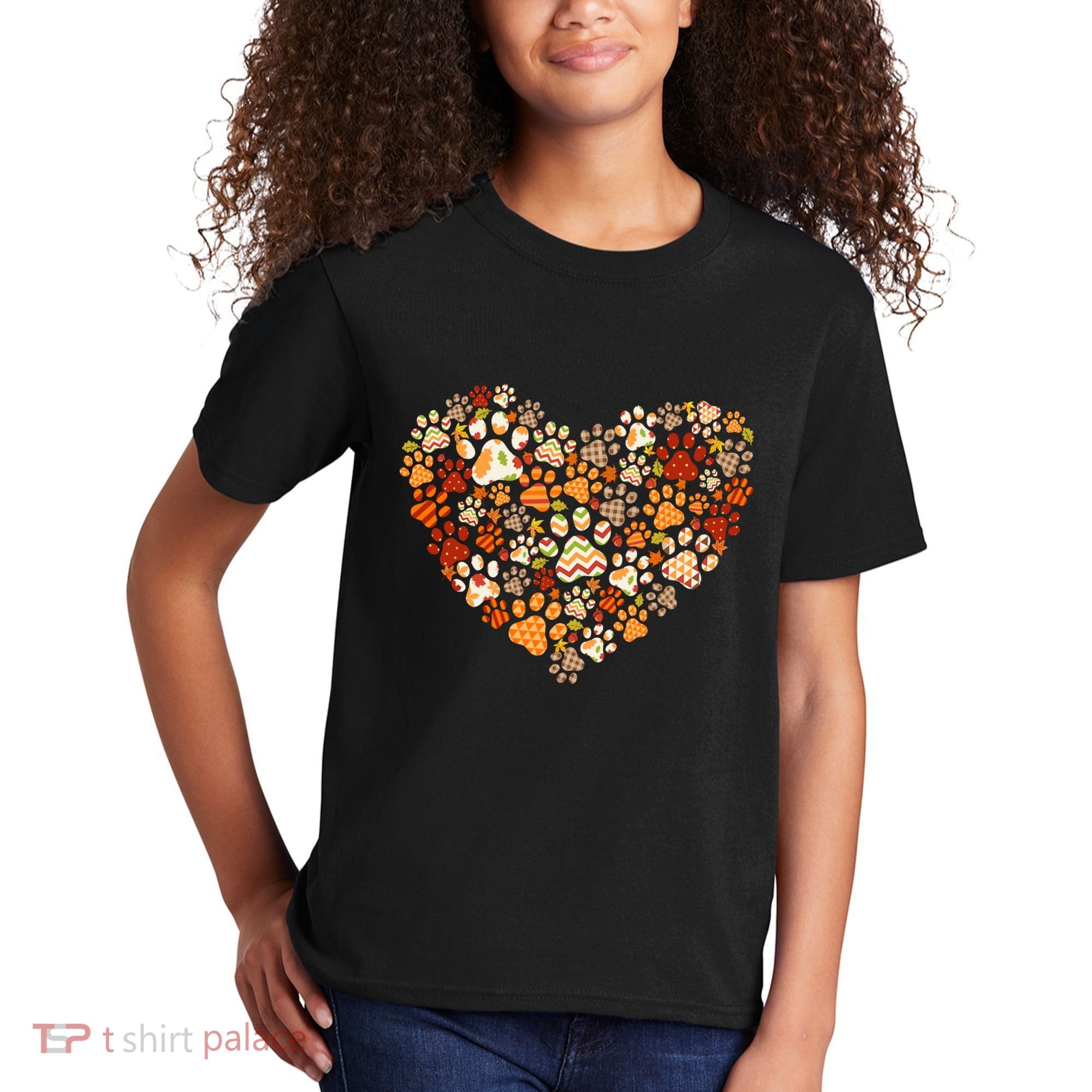 Cute Dog Cat Paw Print Pumpkin Autumn Leaf Fall Thanksgiving Kids T-Shirt