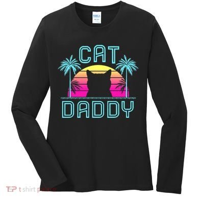 Cat Daddy Dad fathers day retro cat papa Women's Long Sleeve Shirt