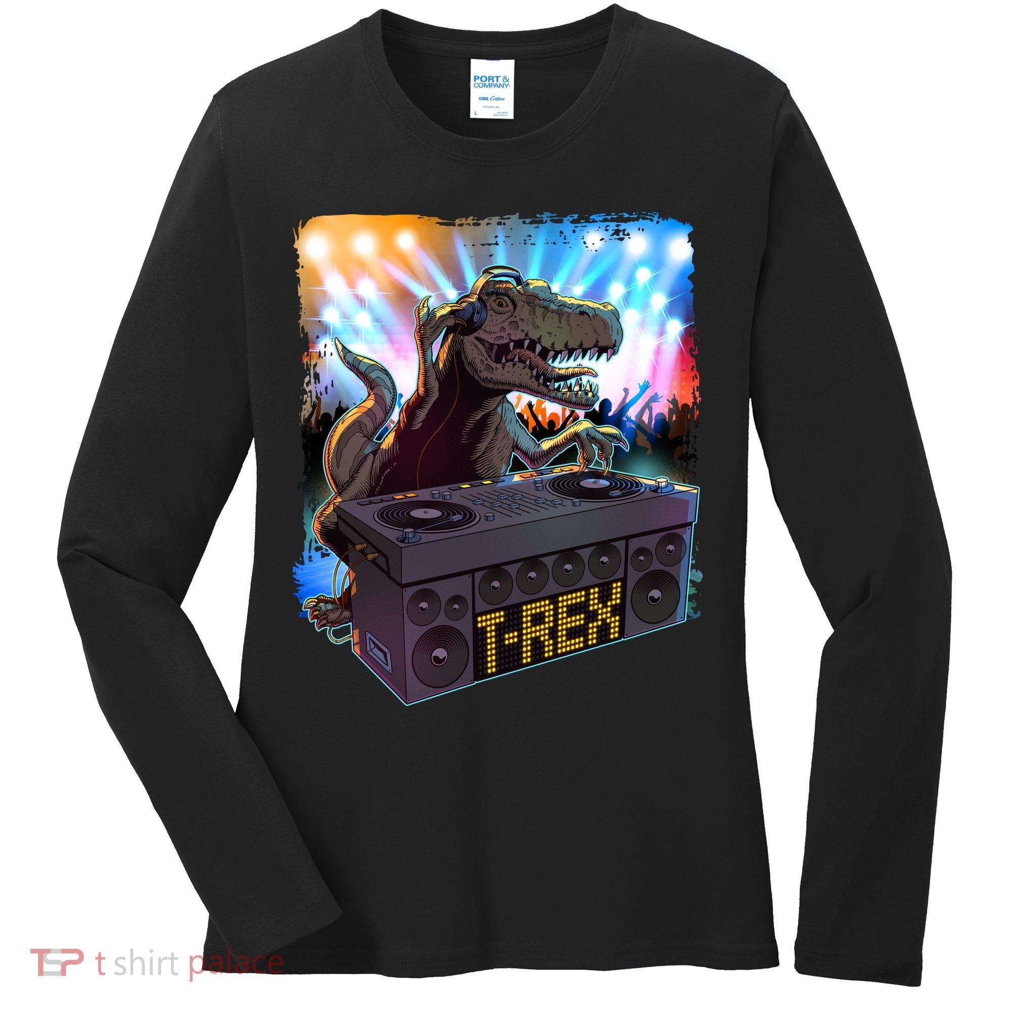 Cool DJ Dance Party TRex Dinosaur Women's Long Sleeve Shirt