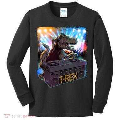 Cool DJ Dance Party TRex Dinosaur Kids Long Sleeve Shirt