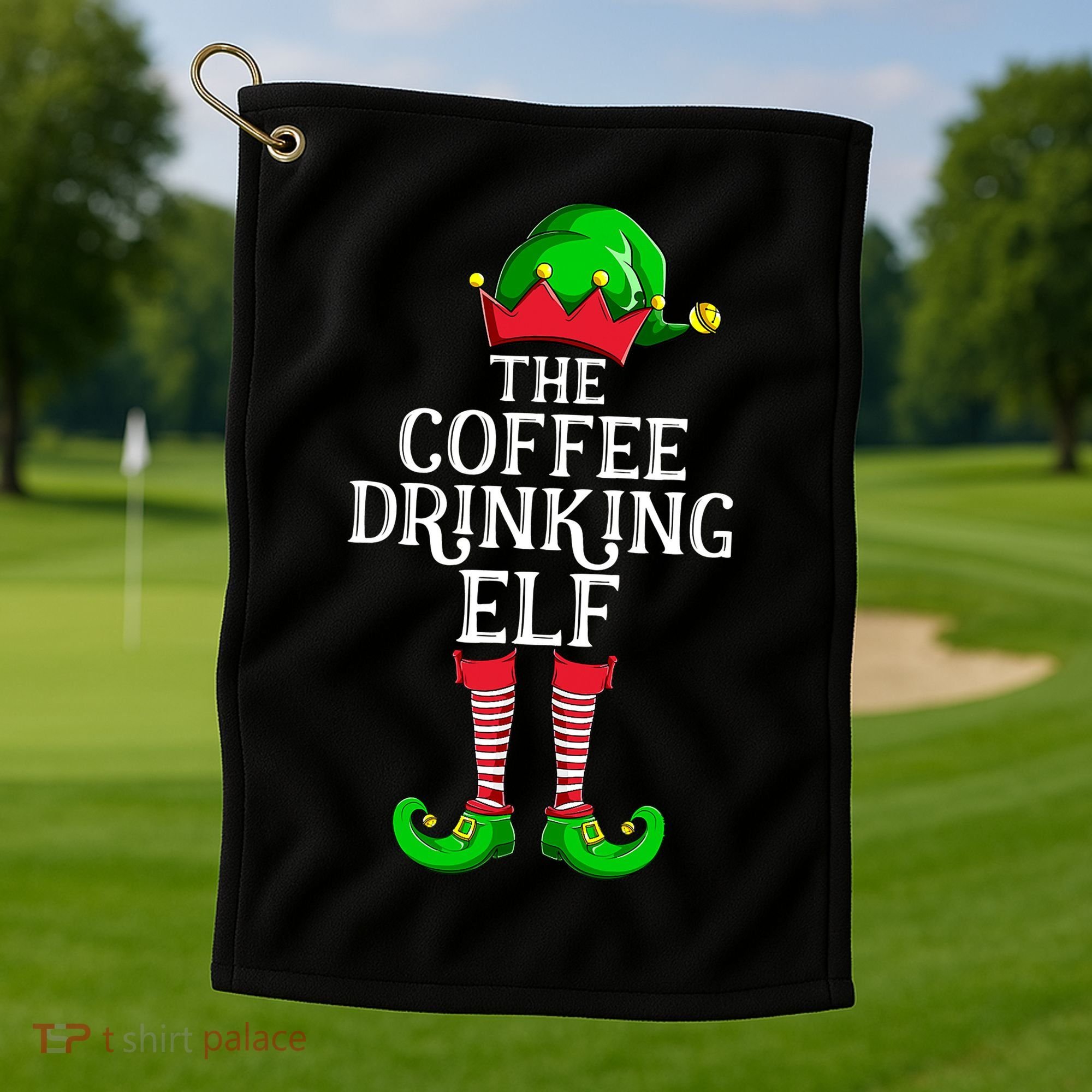 Coffee Drinking Elf Family Matching Group Christmas Golf Towel