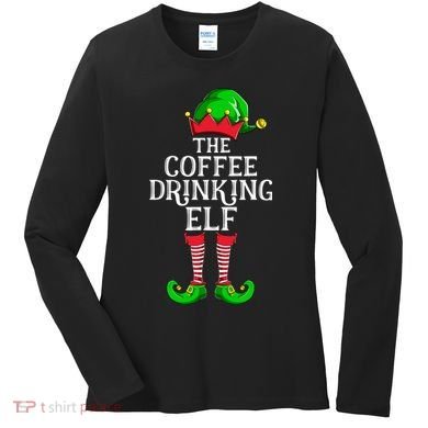 Coffee Drinking Elf Family Matching Group Christmas Women's Long Sleeve Shirt