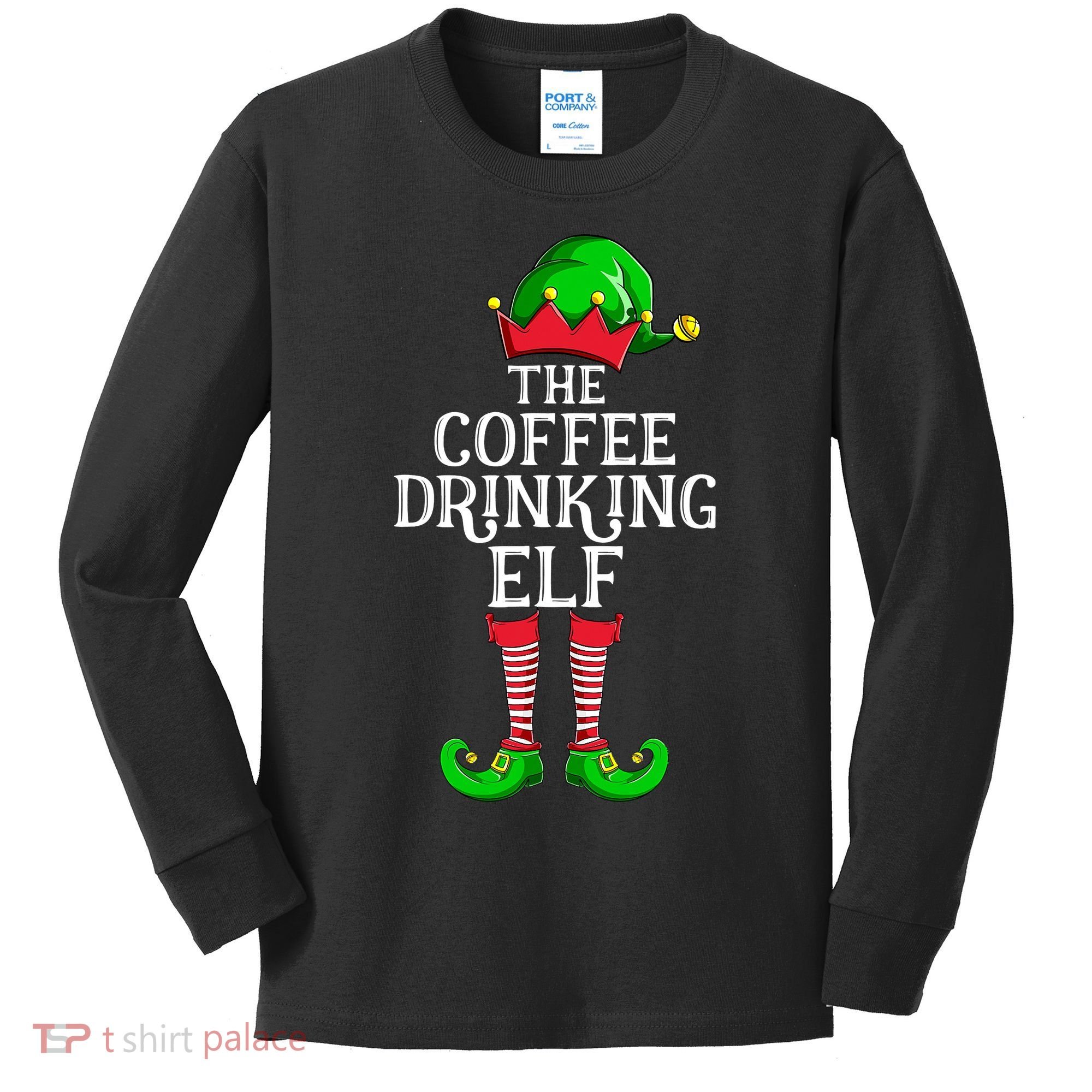Coffee Drinking Elf Family Matching Group Christmas Kids Long Sleeve Shirt