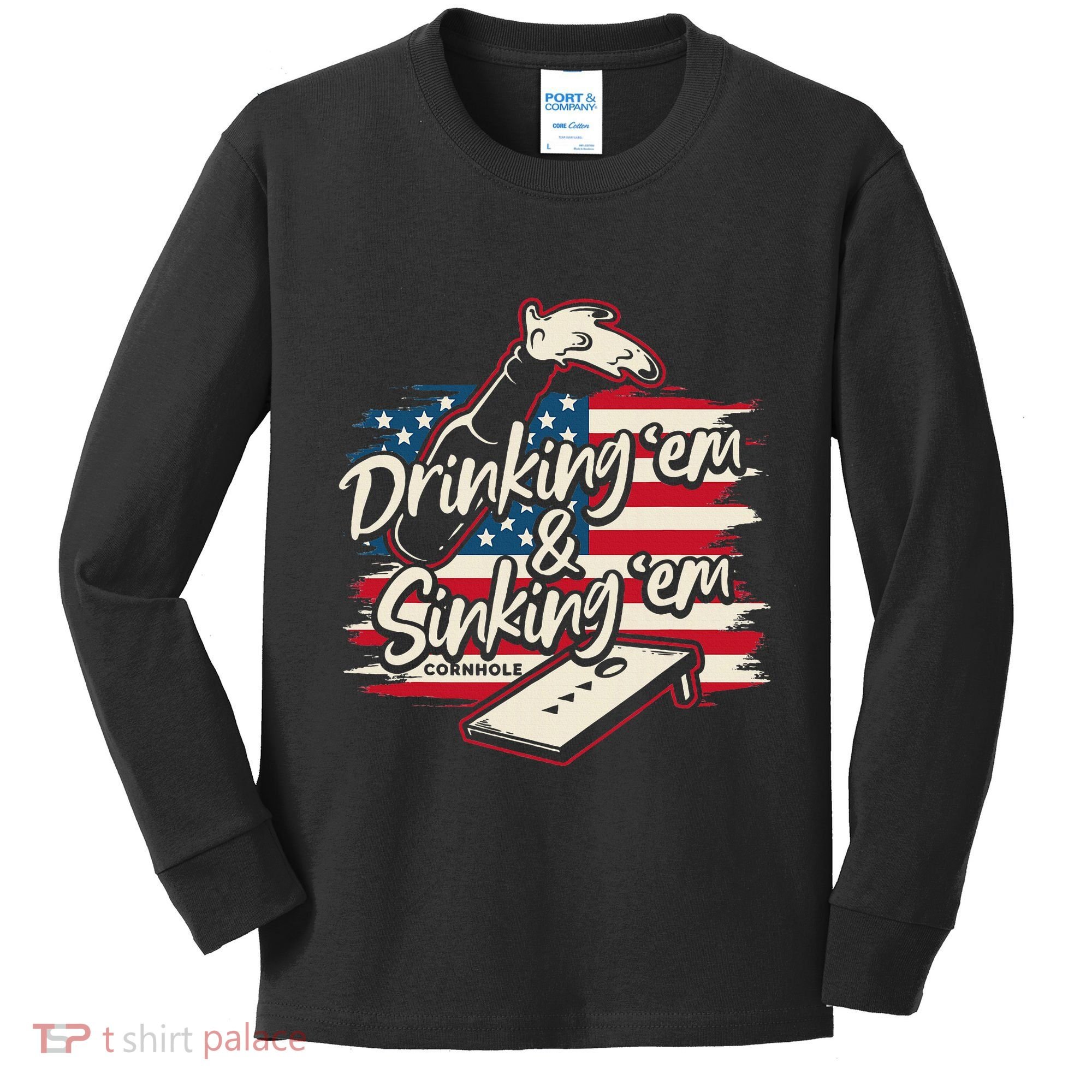 Cornhole Drinking Em Sinking Em 4th Of July Kids Long Sleeve Shirt