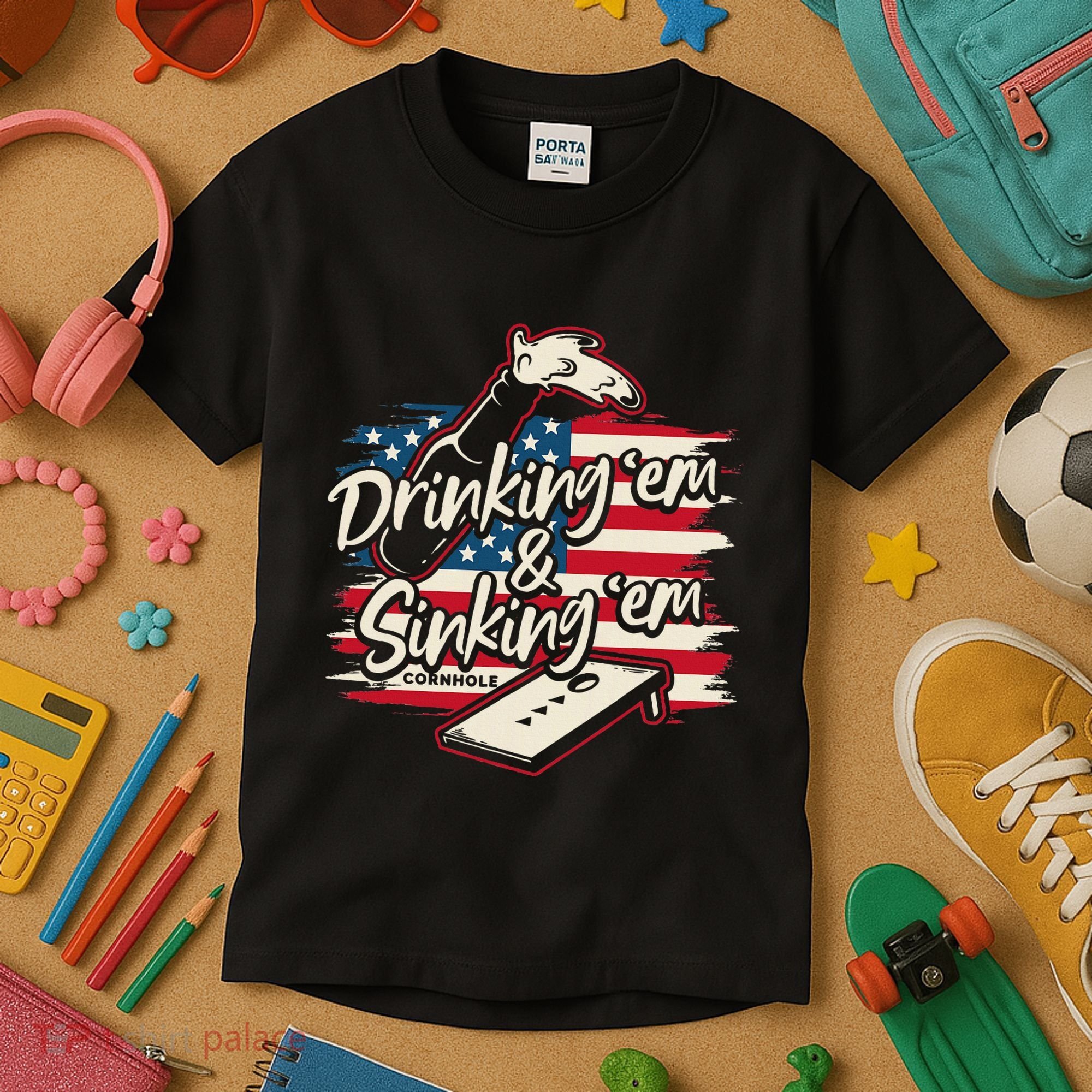 Cornhole Drinking Em Sinking Em 4th Of July Kids T-Shirt