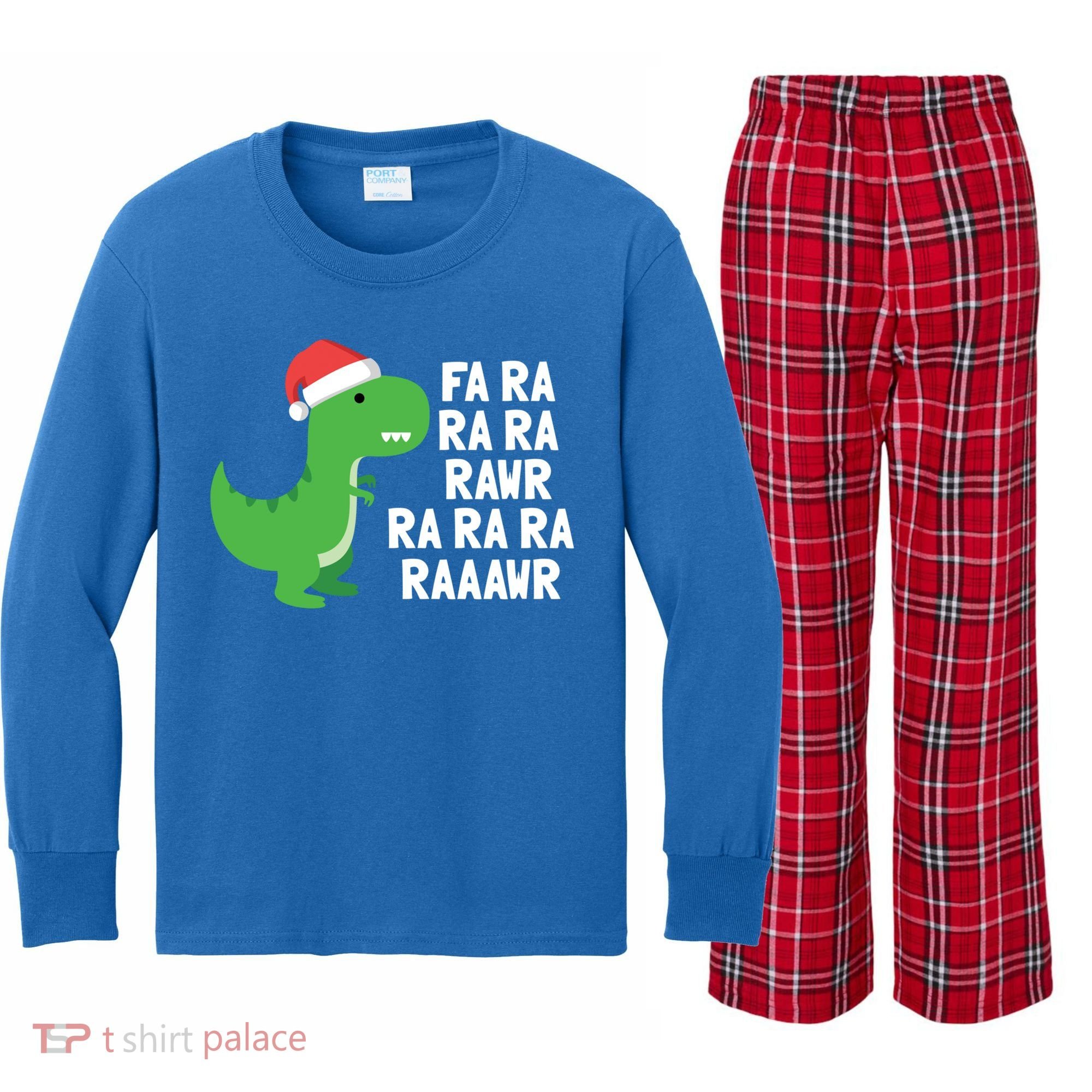 Christmas Dinosaur Fa Ra Rawr Trex Gift Kids Long Sleeve Plaid Pajama Set