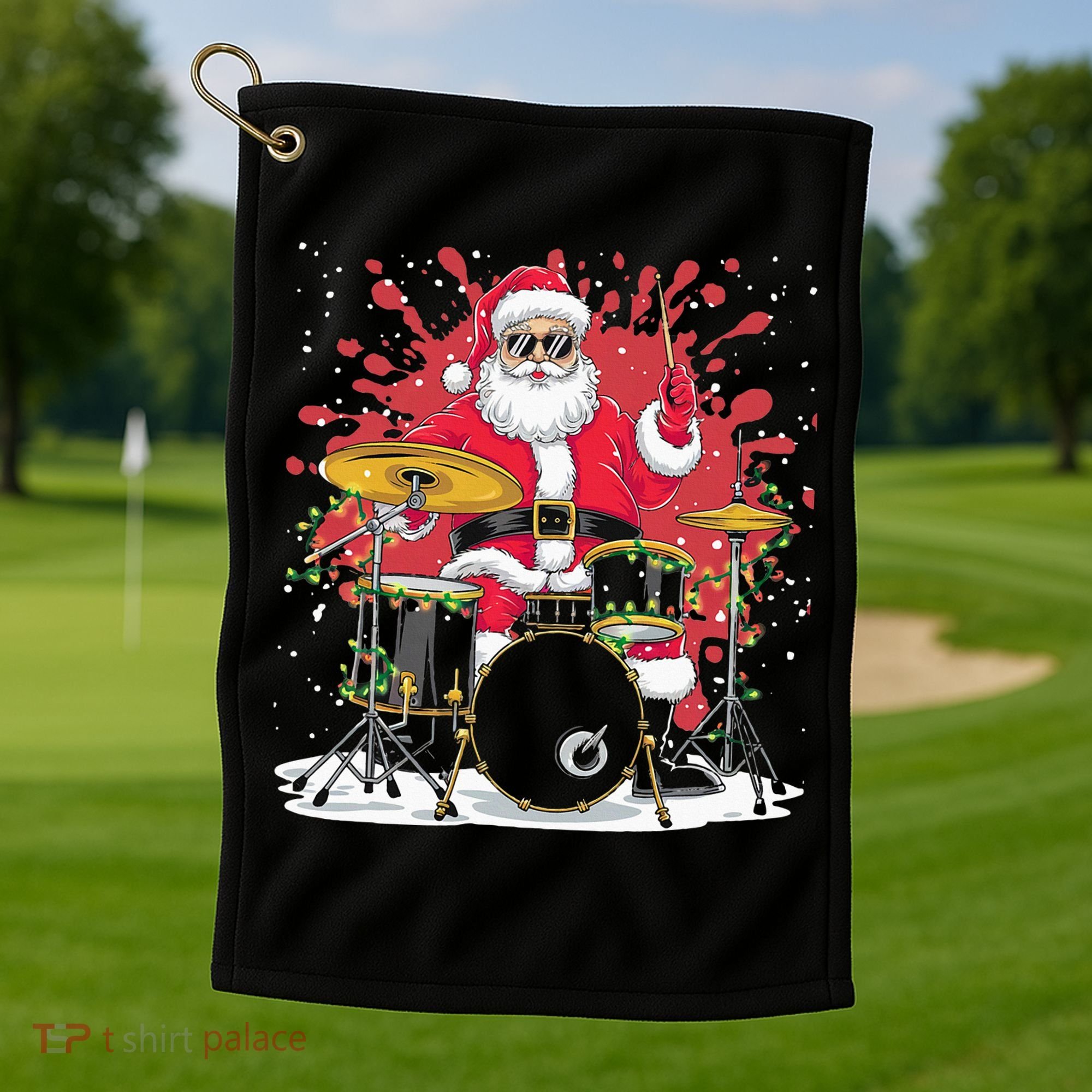Christmas Drummer Funny Santa Claus On Drums For Music Lover Golf Towel