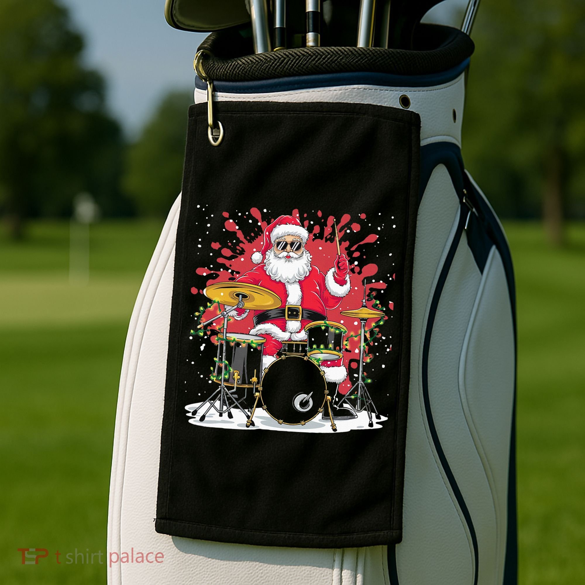 Christmas Drummer Funny Santa Claus On Drums For Music Lover Golf Towel