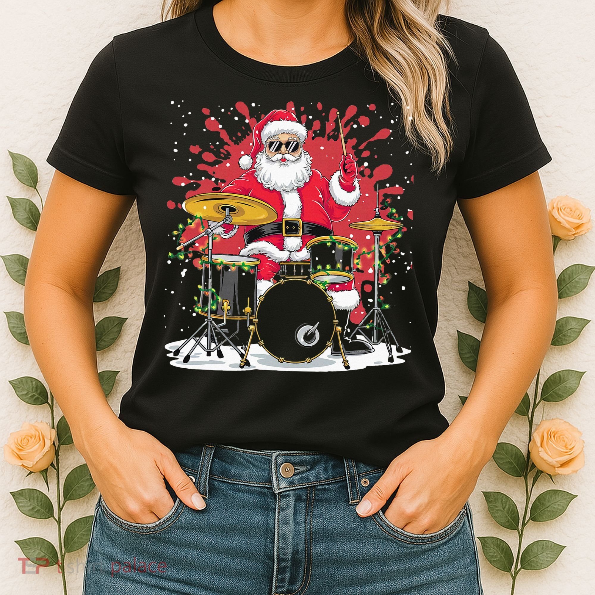 Christmas Drummer Funny Santa Claus On Drums For Music Lover Women's T-Shirt