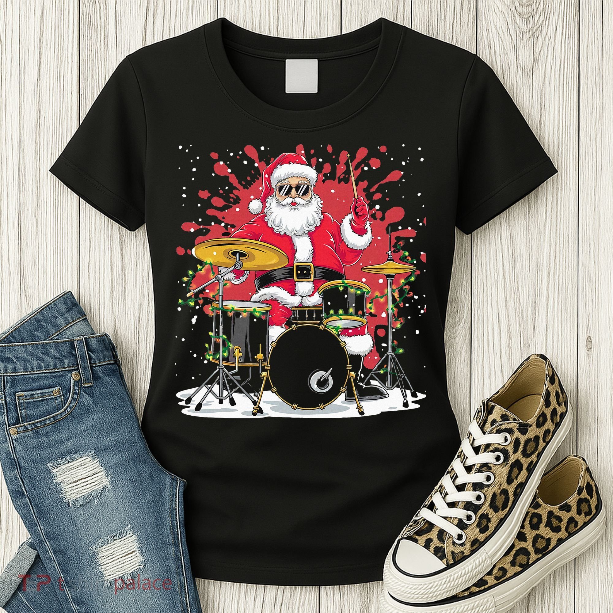 Christmas Drummer Funny Santa Claus On Drums For Music Lover Women's T-Shirt