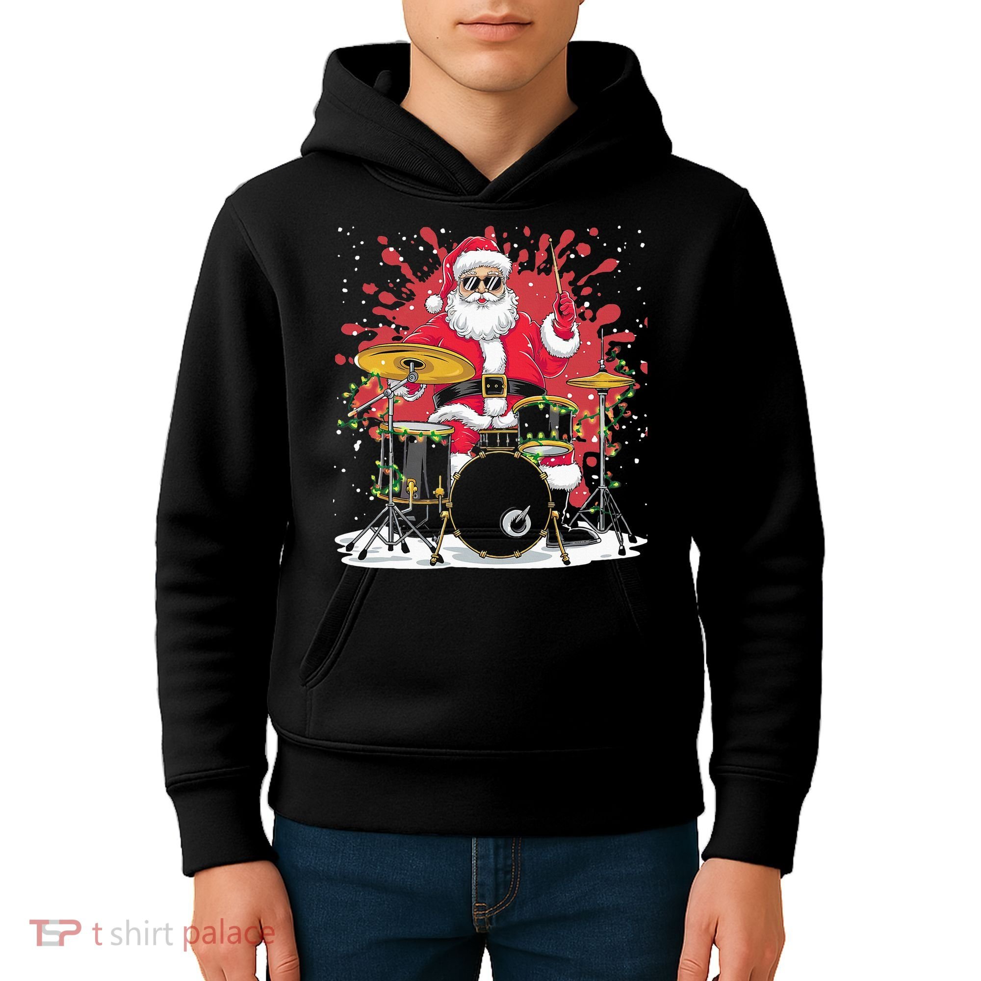 Christmas Drummer Funny Santa Claus On Drums For Music Lover Kids Hoodie