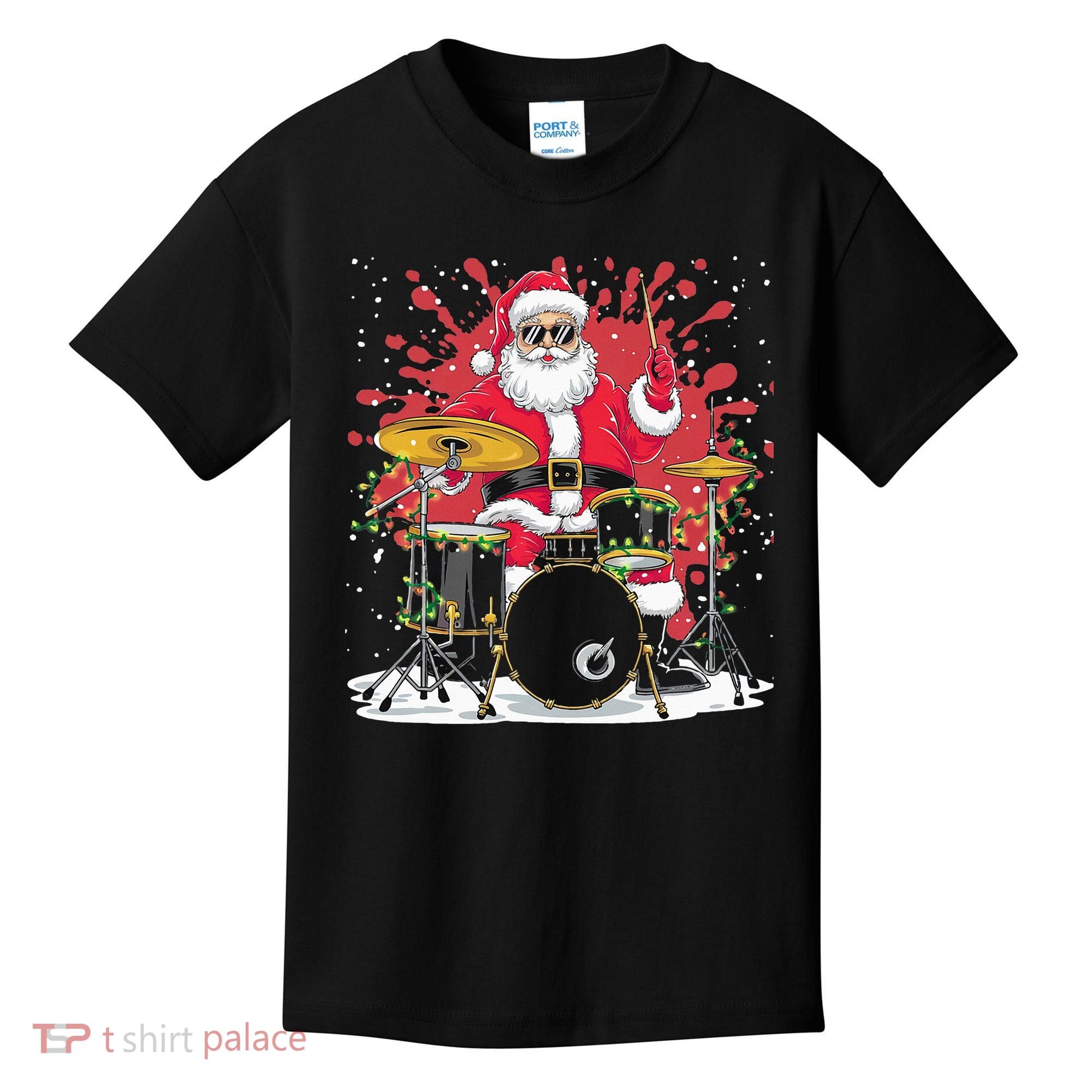 Christmas Drummer Funny Santa Claus On Drums For Music Lover Kids T-Shirt