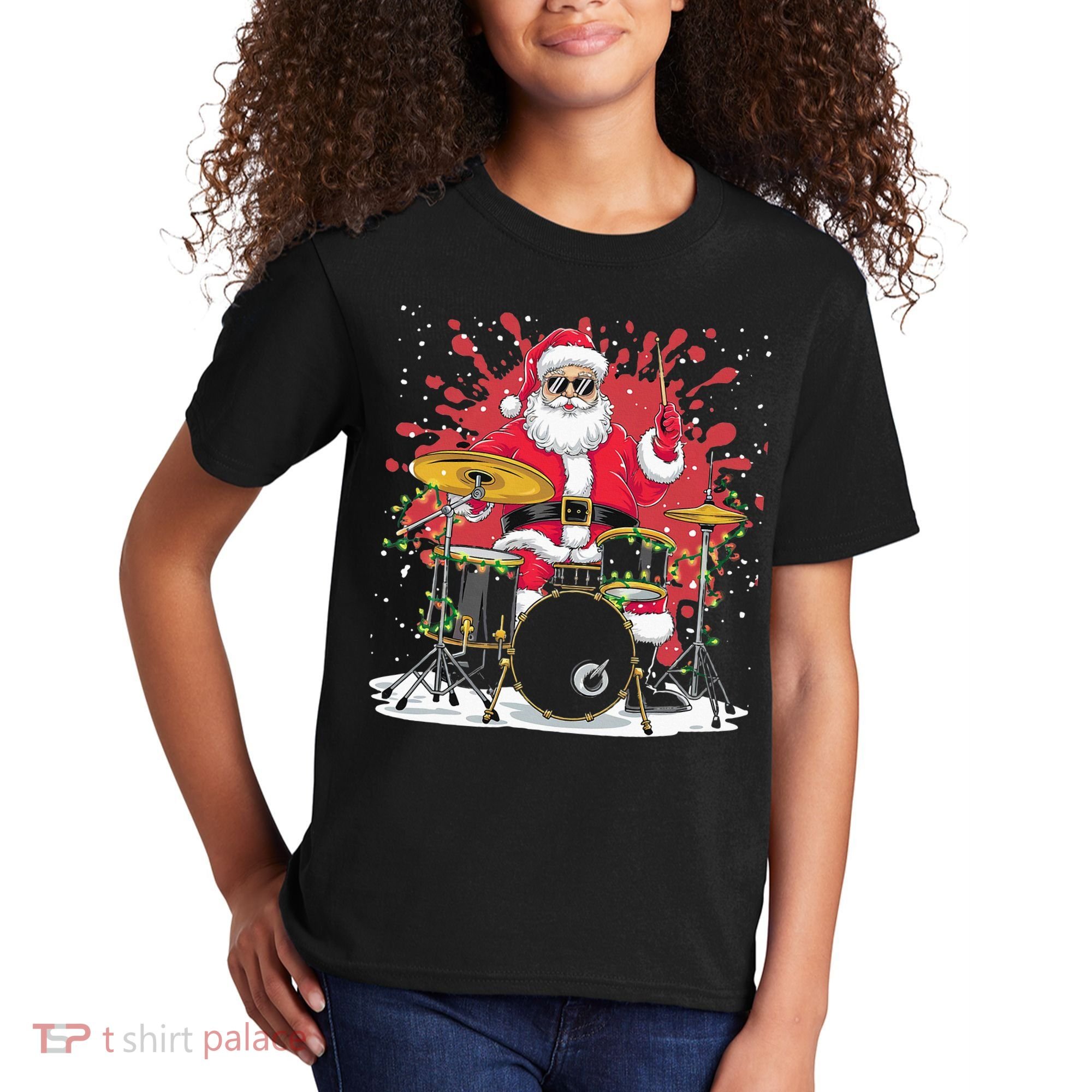 Christmas Drummer Funny Santa Claus On Drums For Music Lover Kids T-Shirt