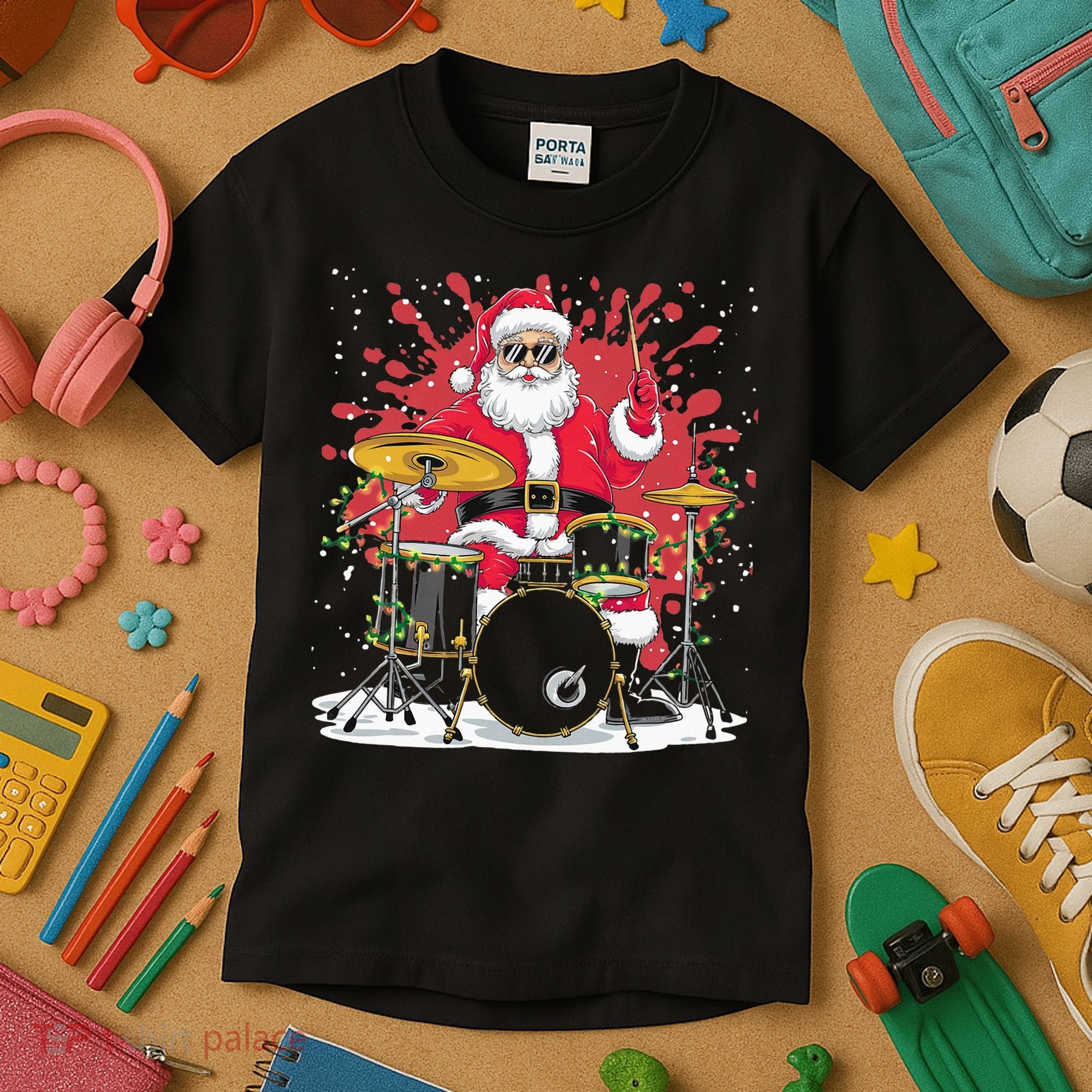 Christmas Drummer Funny Santa Claus On Drums For Music Lover Kids T-Shirt