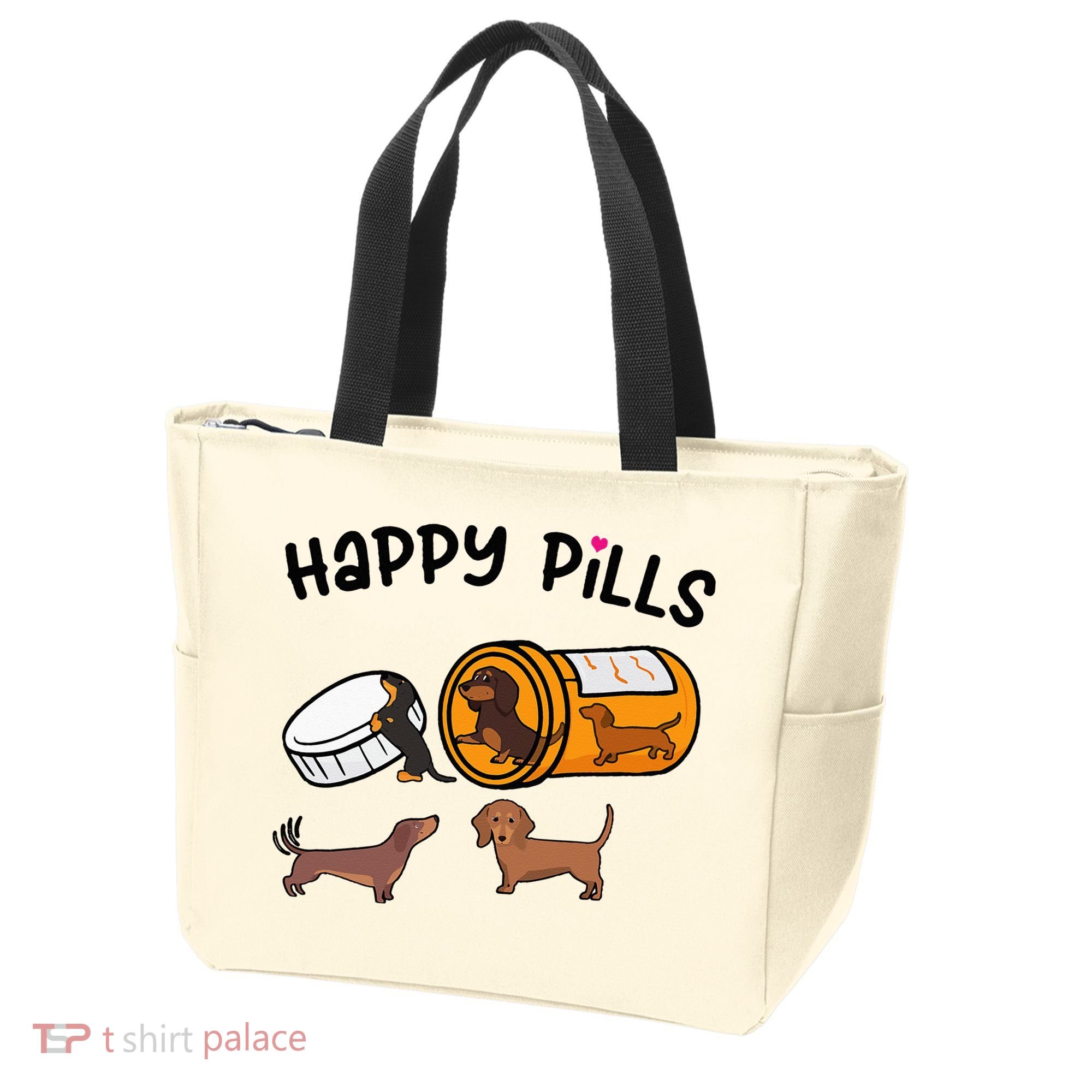 Cute Dachshund Happy Pills Funny Weiner Dog Mom Dad Lover Tote Bag