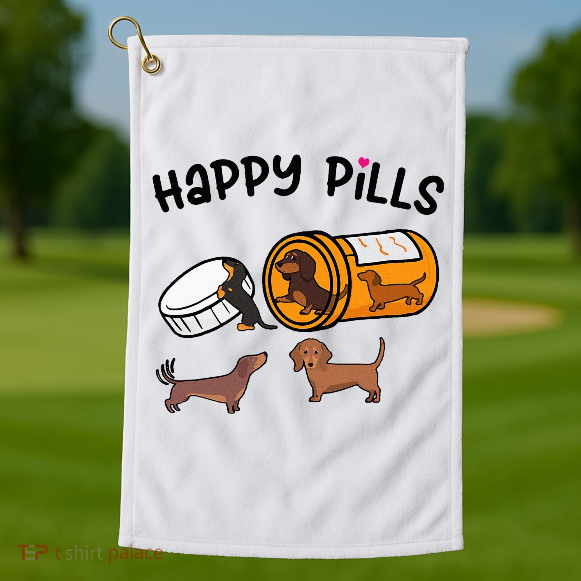 Cute Dachshund Happy Pills Funny Weiner Dog Mom Dad Lover Golf Towel