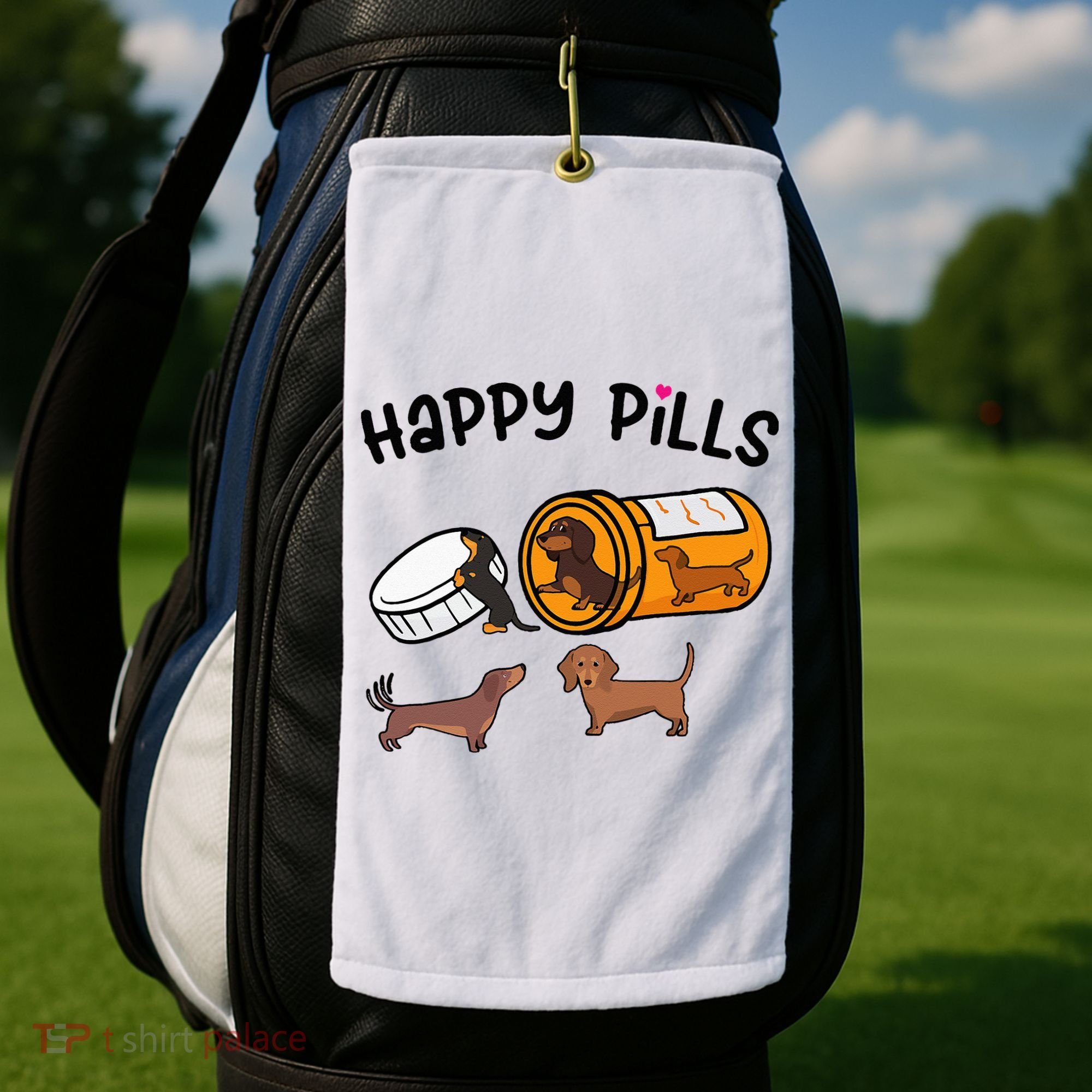 Cute Dachshund Happy Pills Funny Weiner Dog Mom Dad Lover Golf Towel