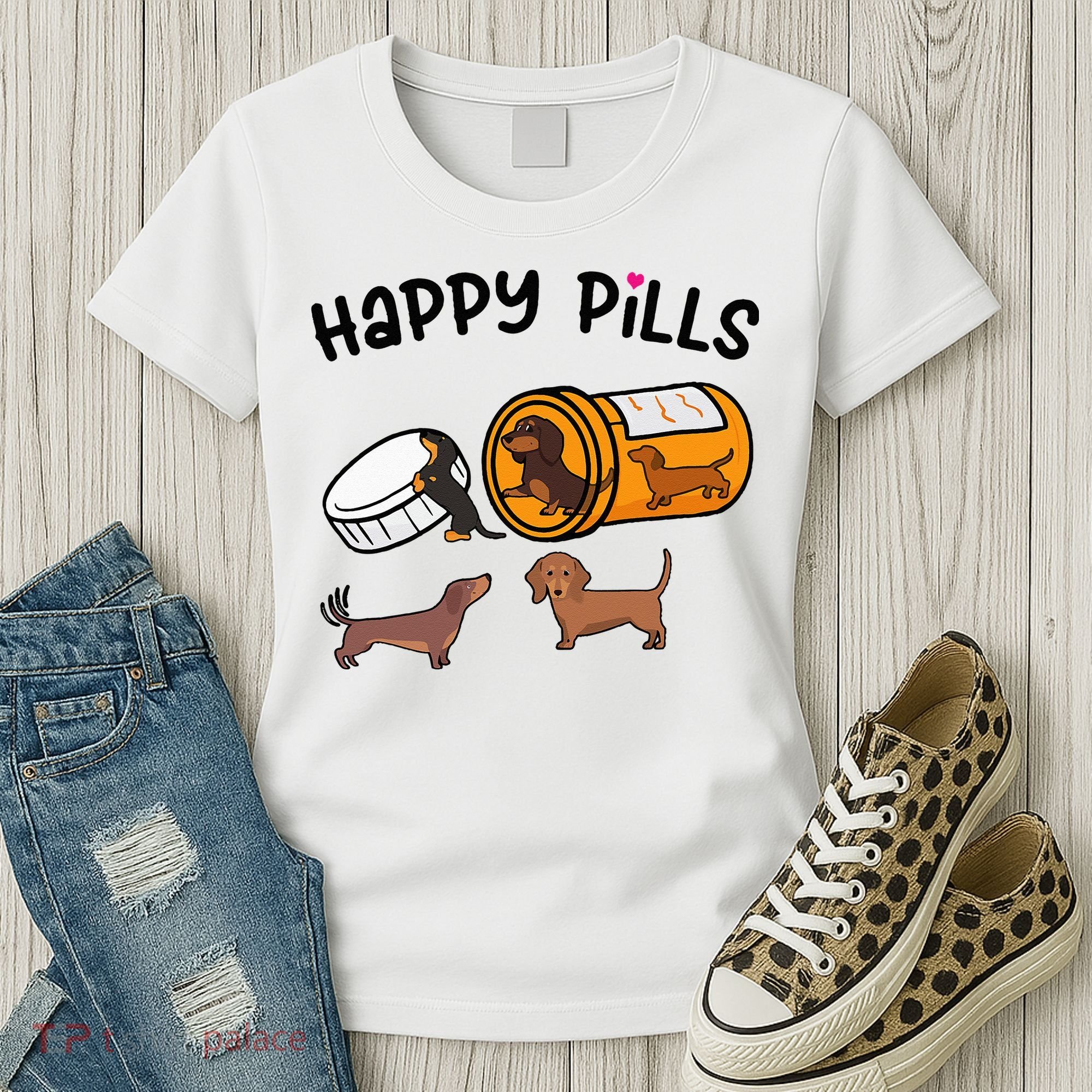 Cute Dachshund Happy Pills Funny Weiner Dog Mom Dad Lover Women's T-Shirt