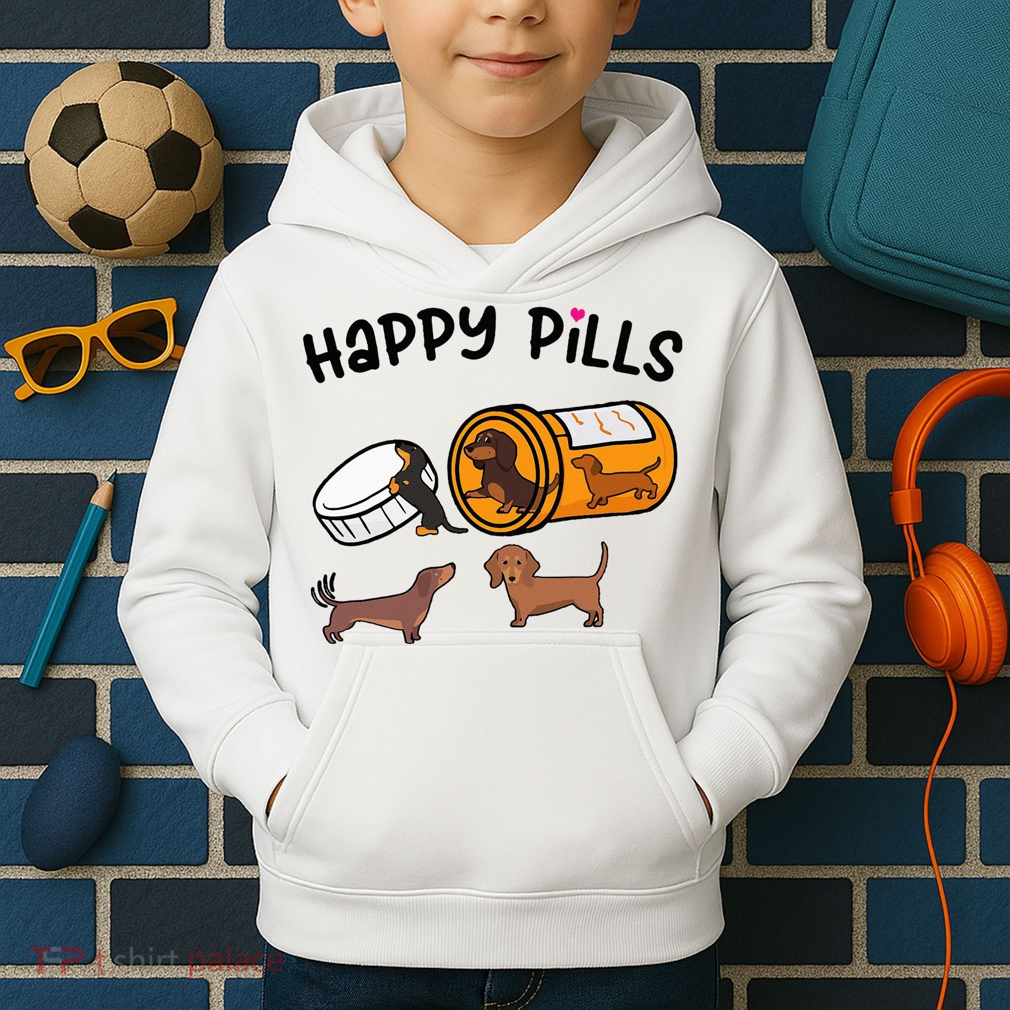 Cute Dachshund Happy Pills Funny Weiner Dog Mom Dad Lover Kids Hoodie