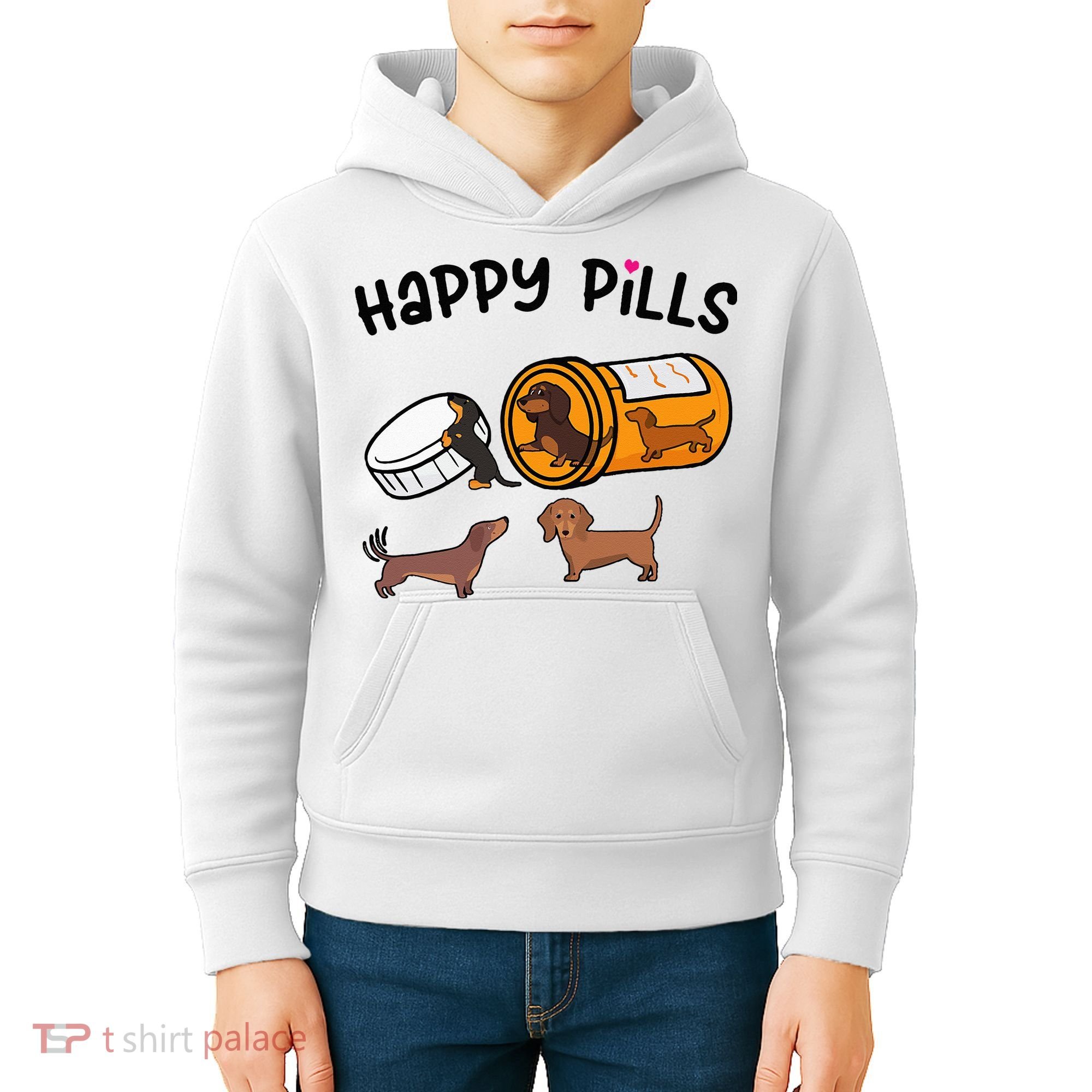 Cute Dachshund Happy Pills Funny Weiner Dog Mom Dad Lover Kids Hoodie
