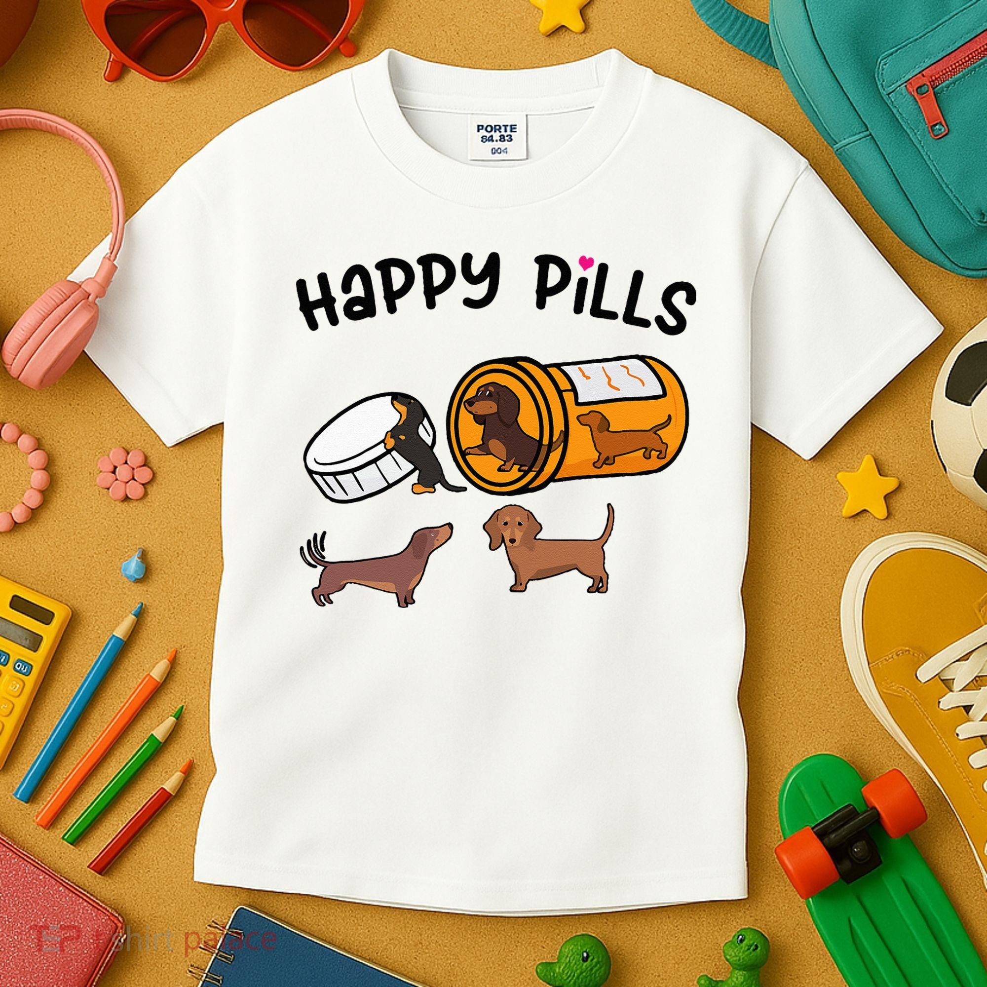 Cute Dachshund Happy Pills Funny Weiner Dog Mom Dad Lover Kids T-Shirt