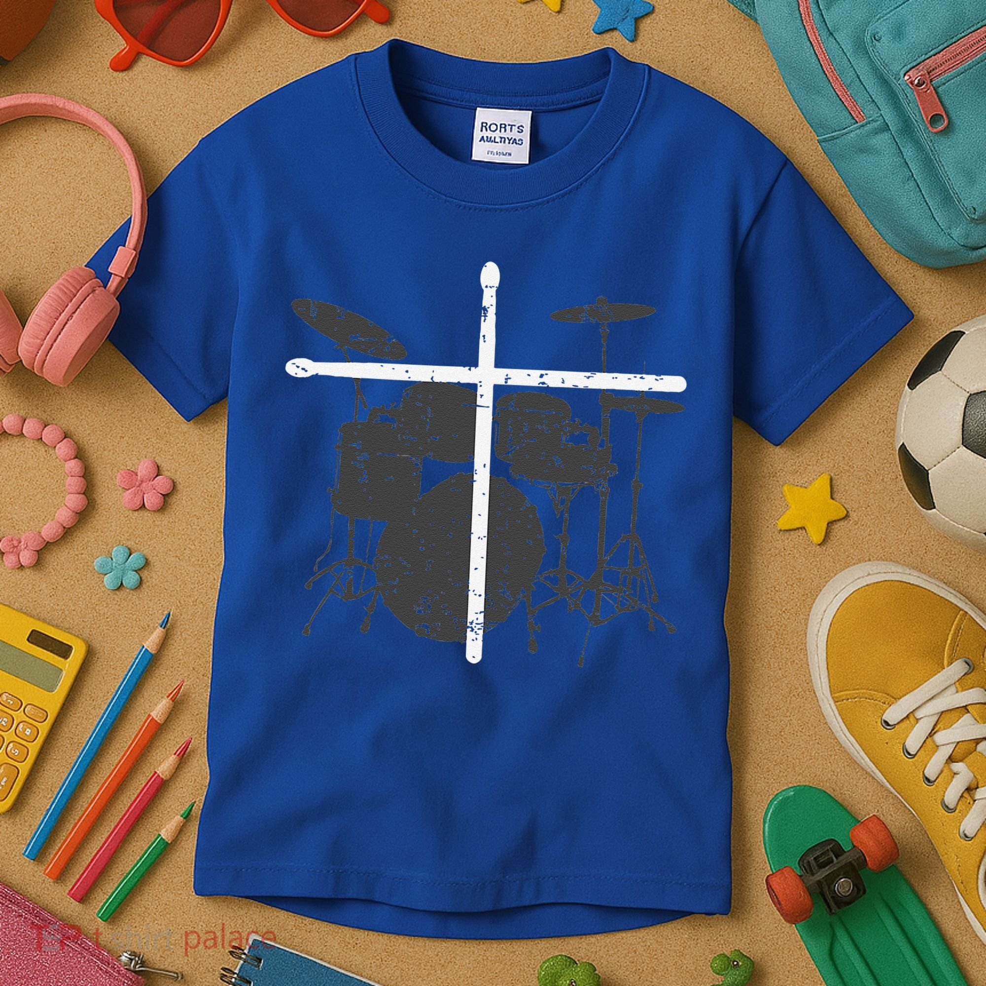 Christian Drummer Jesus Christ Drum Sticks Cross Worship Kids T-Shirt