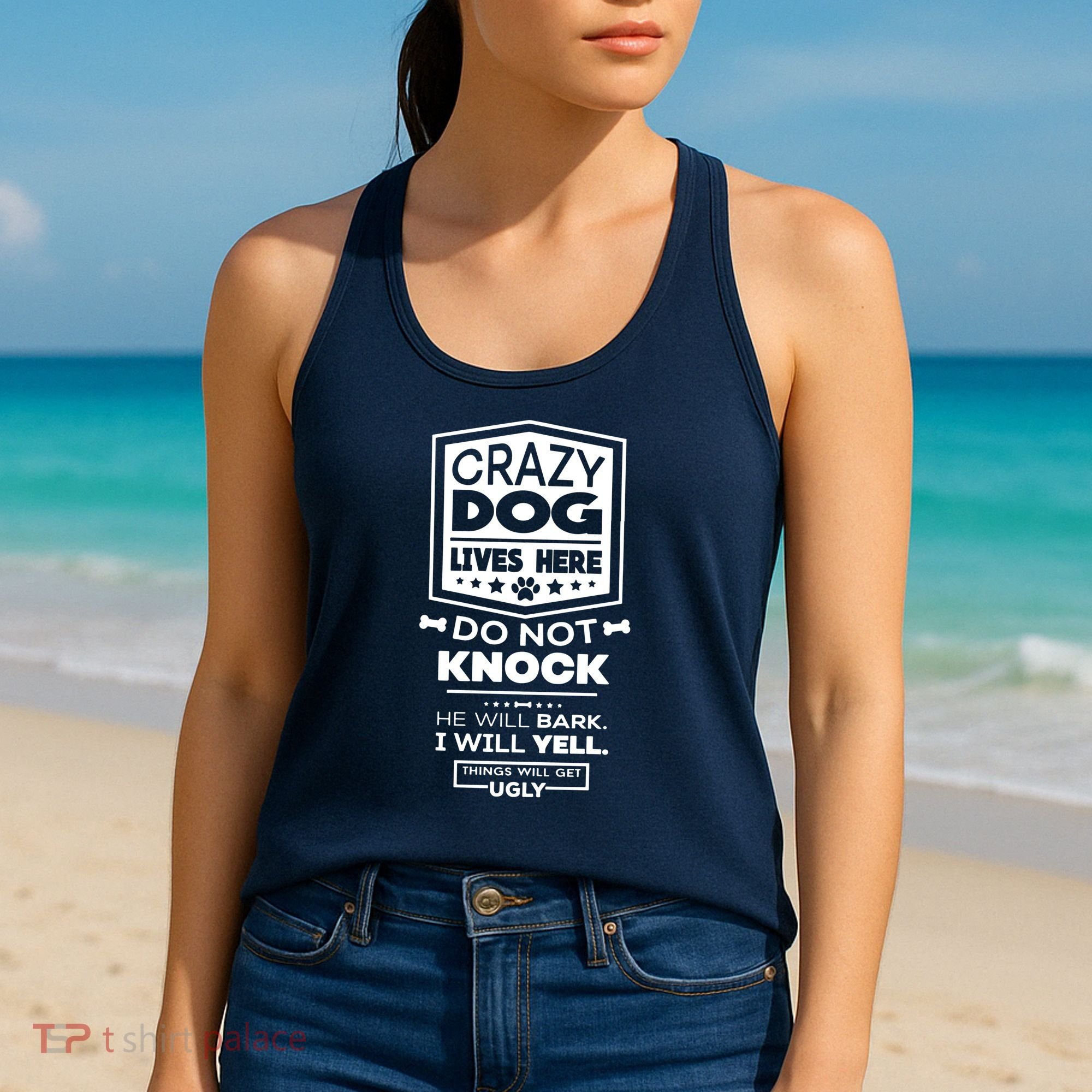Crazy Dog Lives Here Do Not Knock Funny Women's Tank Top