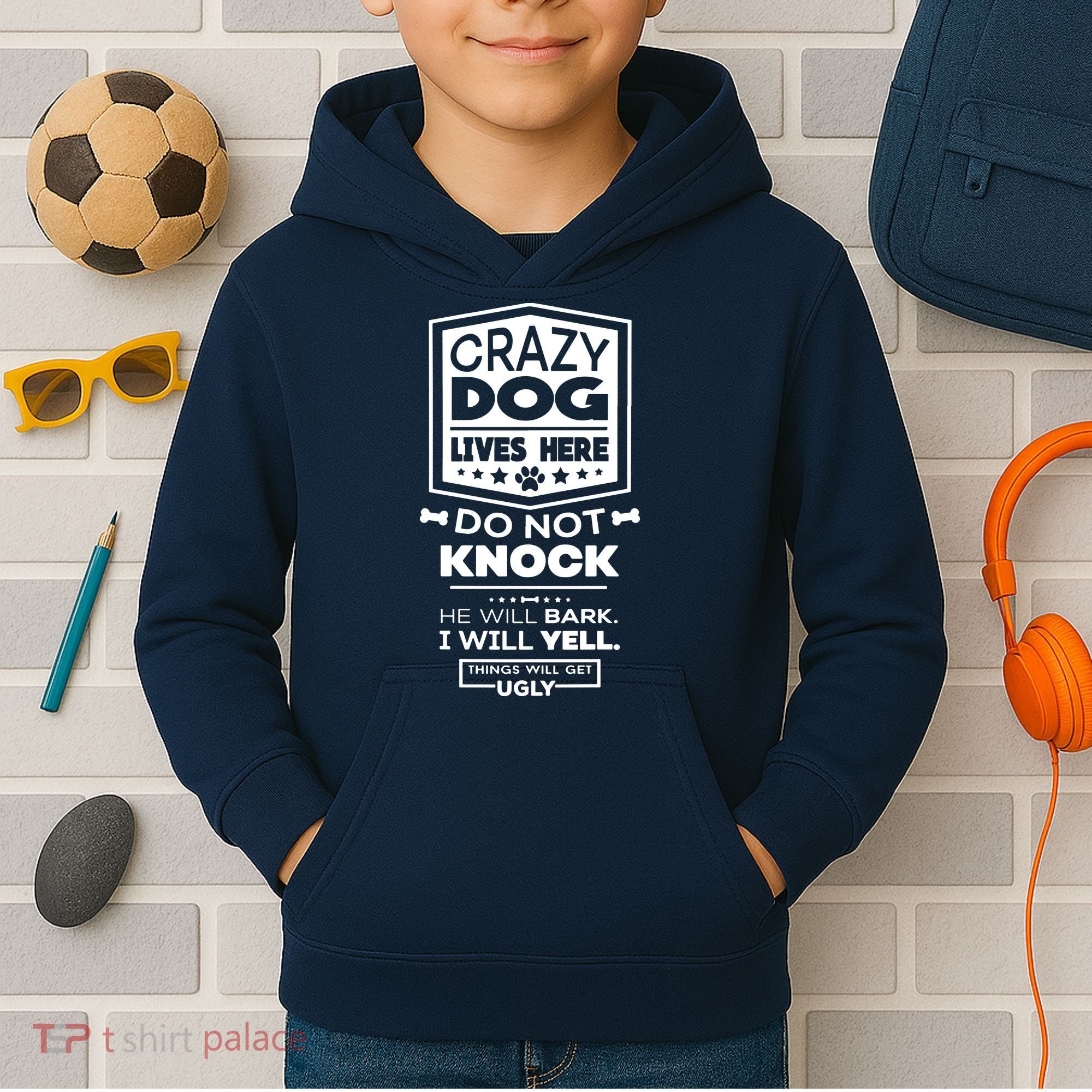 Crazy Dog Lives Here Do Not Knock Funny Kids Hoodie