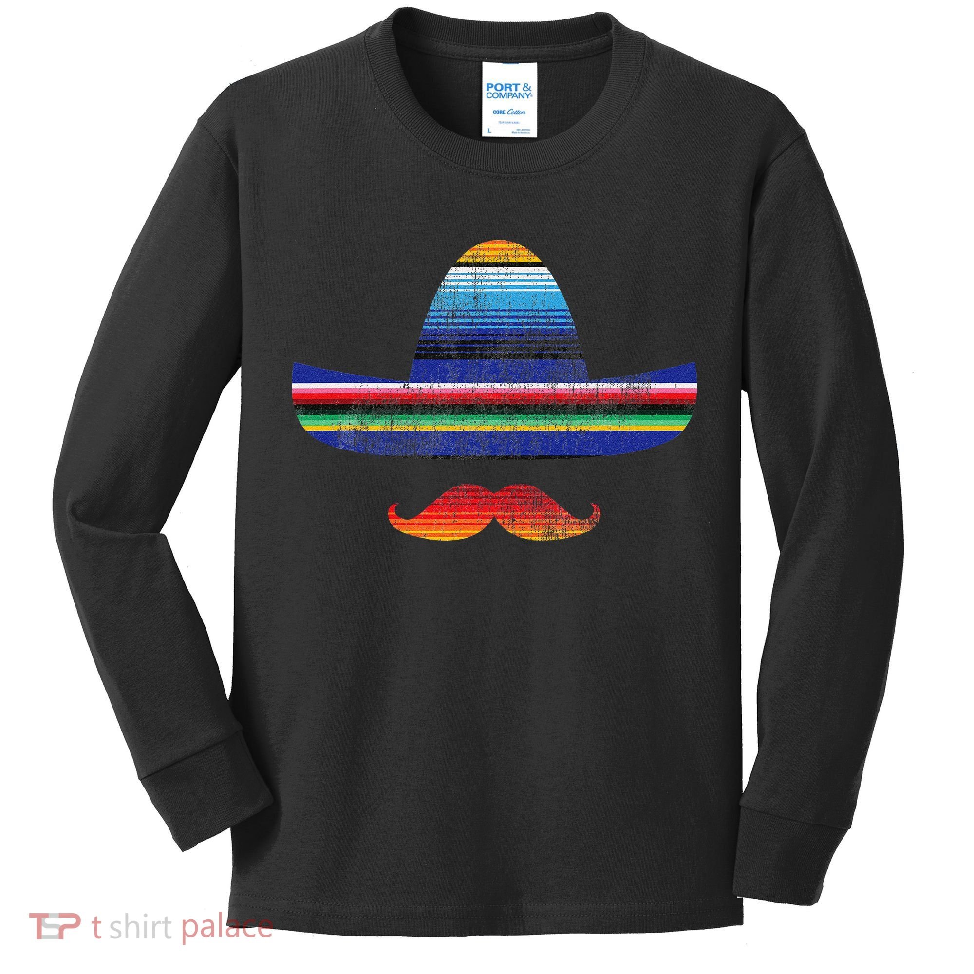 Cinco De Mayo Serape Blanket Inspired Sombrero Mustache Kids Long Sleeve Shirt