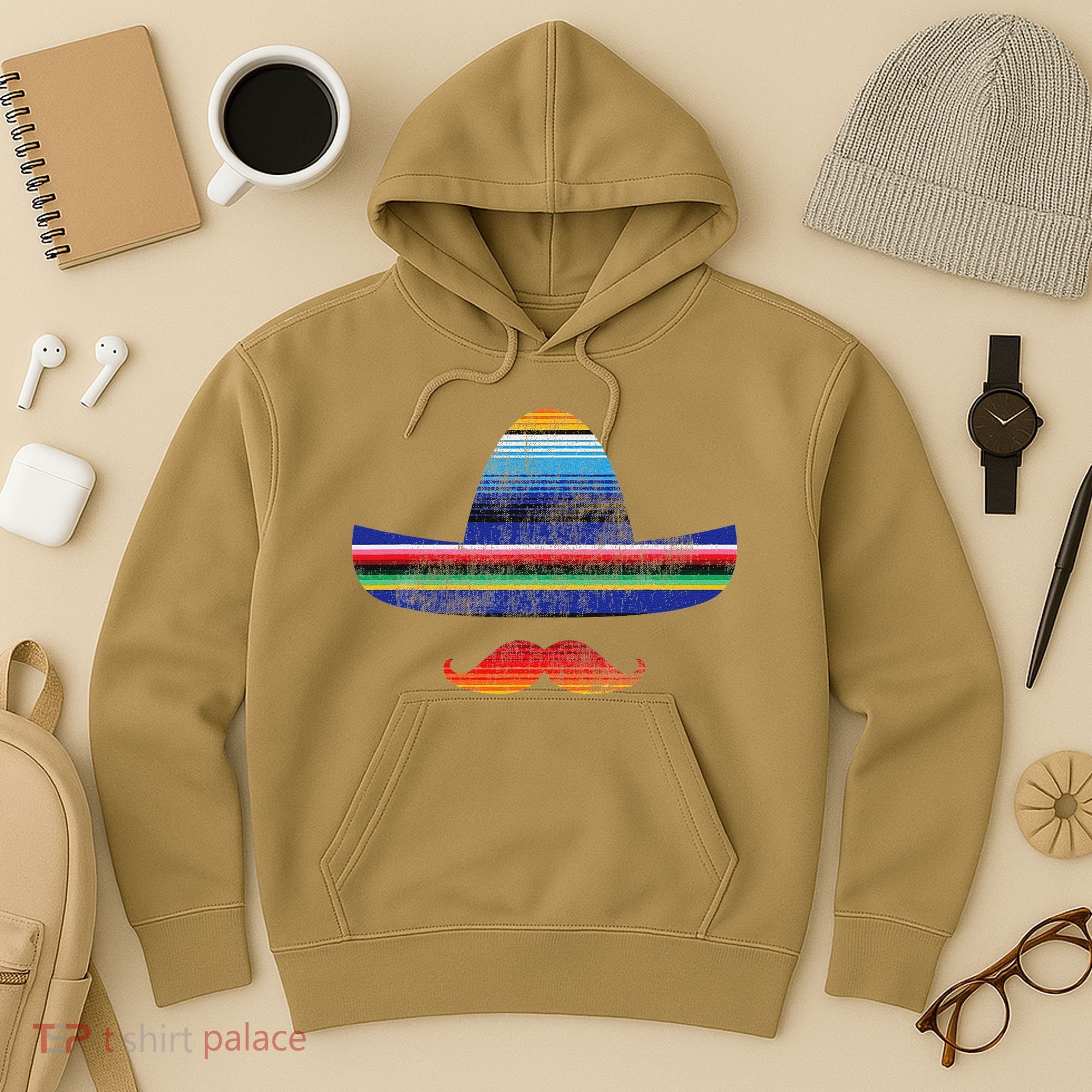 Cinco De Mayo Serape Blanket Inspired Sombrero Mustache Hoodie