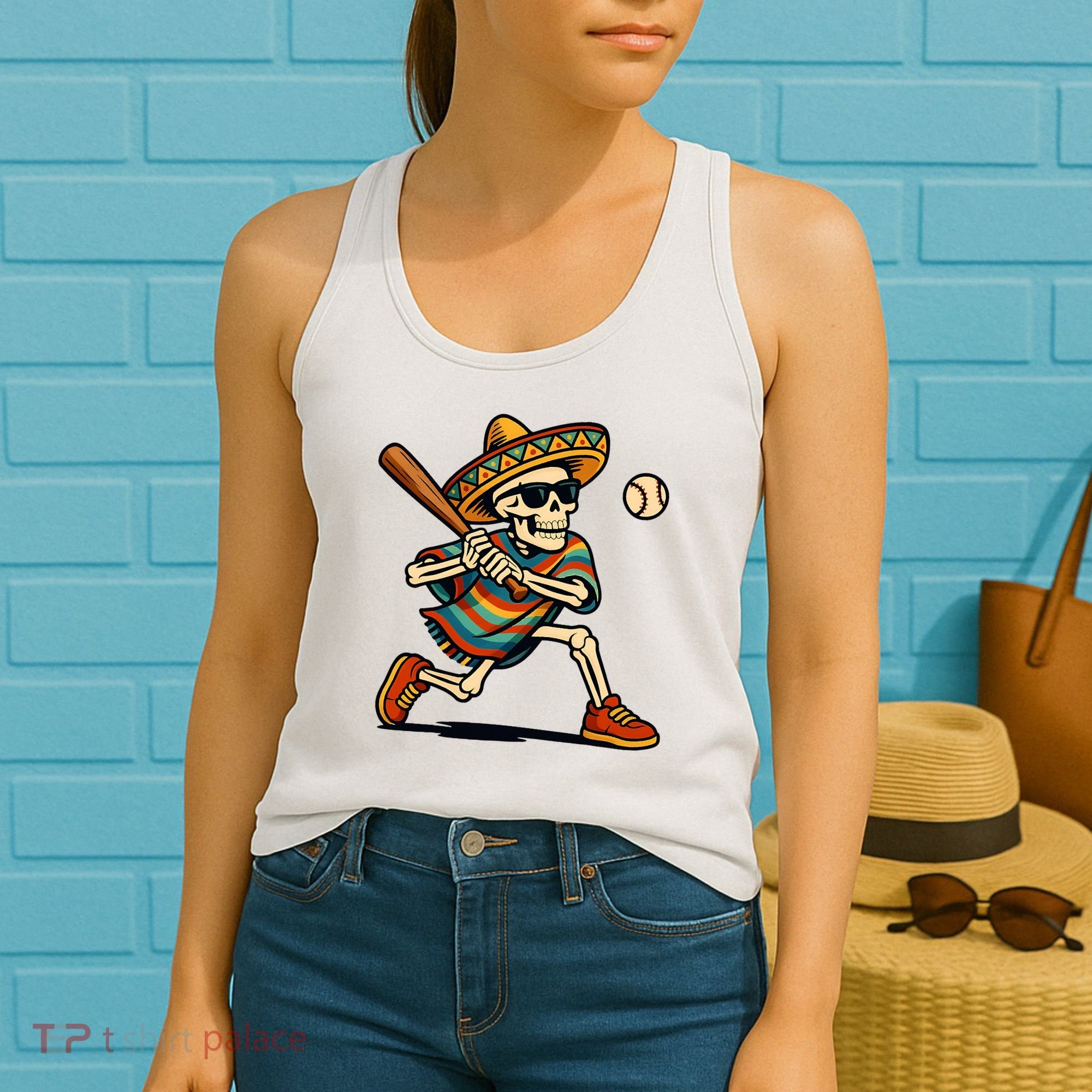 Cinco De Mayo Mariachi Skeleton Baseball Mexican Sombrero  Women's Tank Top