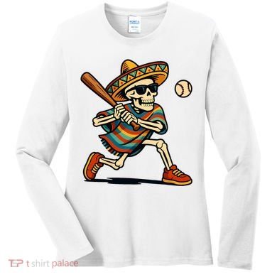 Cinco De Mayo Mariachi Skeleton Baseball Mexican Sombrero  Women's Long Sleeve Shirt