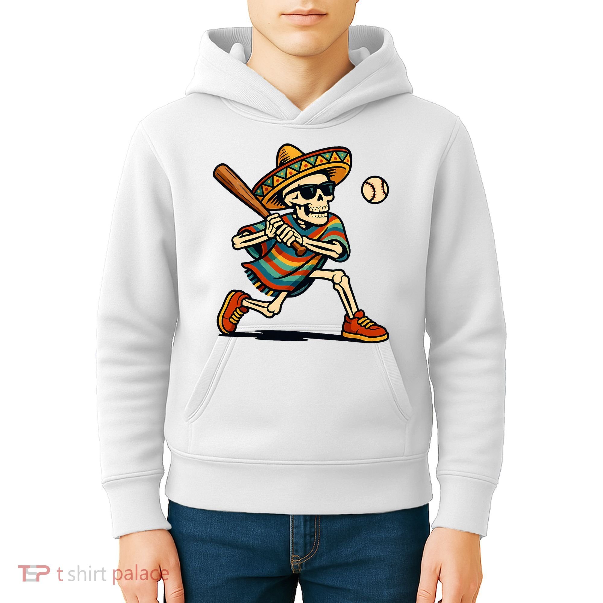 Cinco De Mayo Mariachi Skeleton Baseball Mexican Sombrero  Kids Hoodie