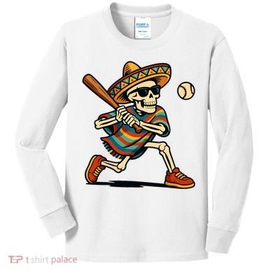 Cinco De Mayo Mariachi Skeleton Baseball Mexican Sombrero  Kids Long Sleeve Shirt